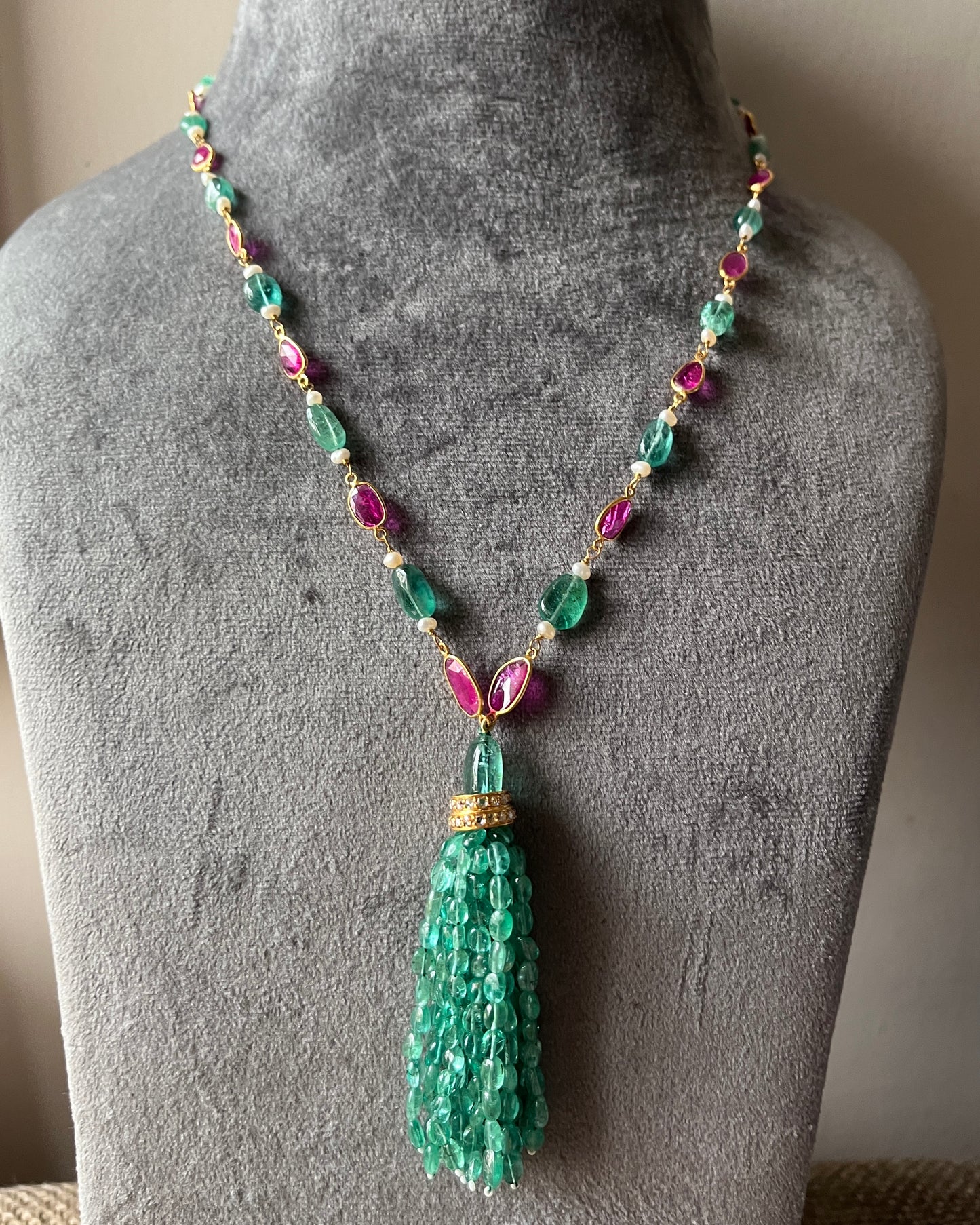14k Gold Natural Zambian Emerald, Ruby & Rose Cut Diamond Boho Victorian Beaded Tassel Necklace