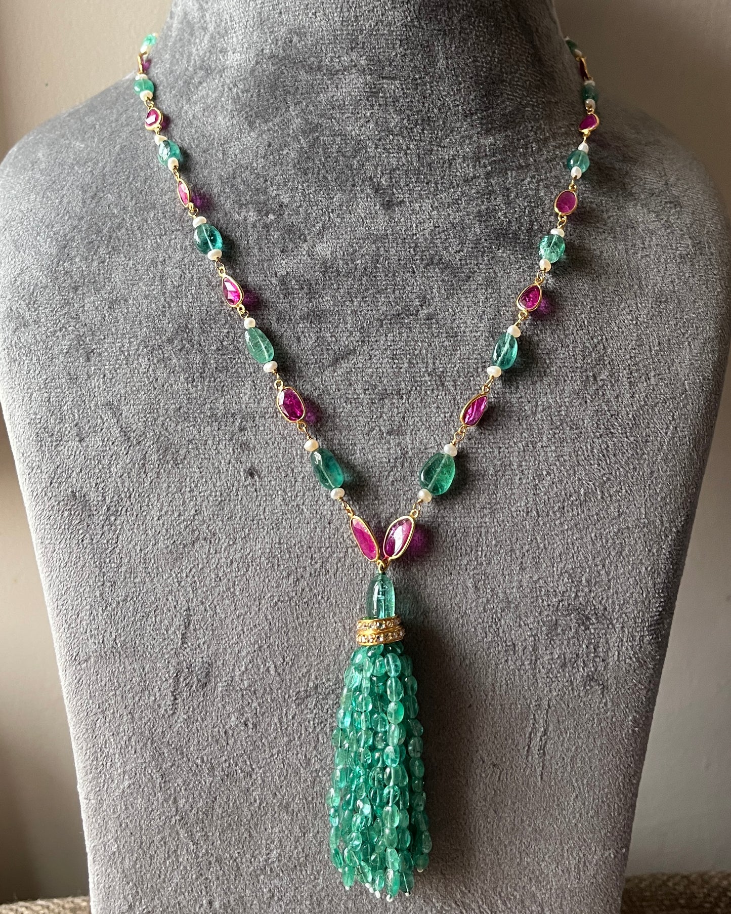 14k Gold Natural Zambian Emerald, Ruby & Rose Cut Diamond Boho Victorian Beaded Tassel Necklace