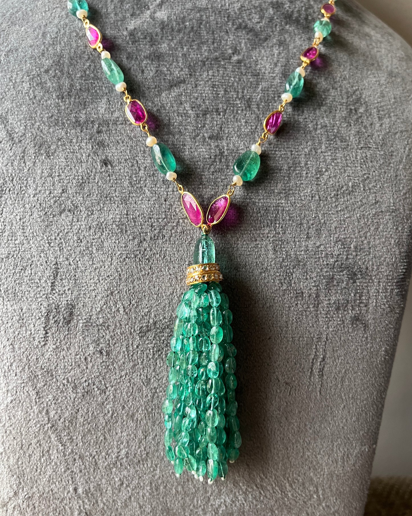 14k Gold Natural Zambian Emerald, Ruby & Rose Cut Diamond Boho Victorian Beaded Tassel Necklace
