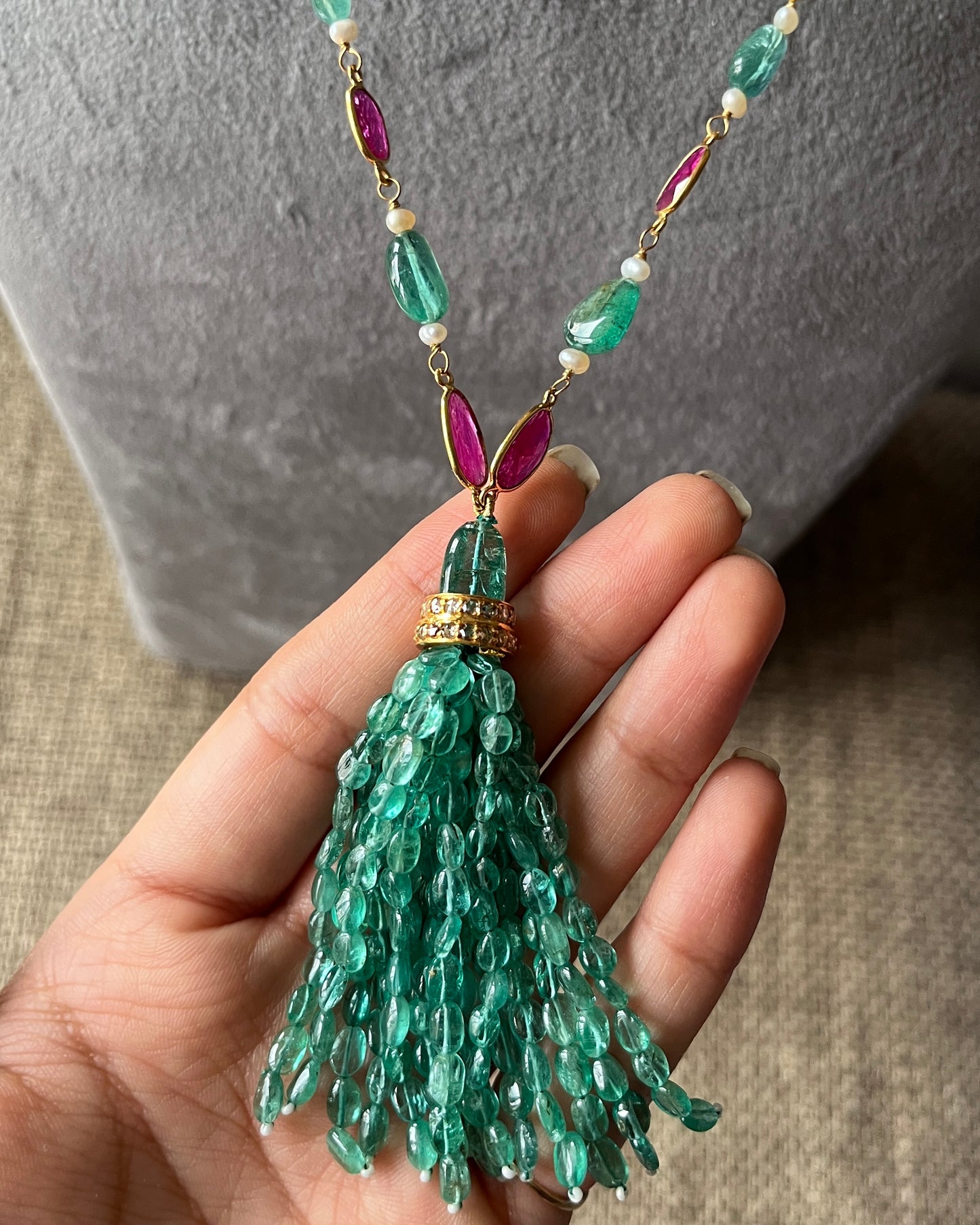 14k Gold Natural Zambian Emerald, Ruby & Rose Cut Diamond Boho Victorian Beaded Tassel Necklace