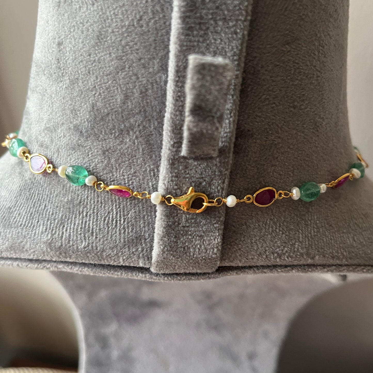 14k Gold Natural Zambian Emerald, Ruby & Rose Cut Diamond Boho Victorian Beaded Tassel Necklace