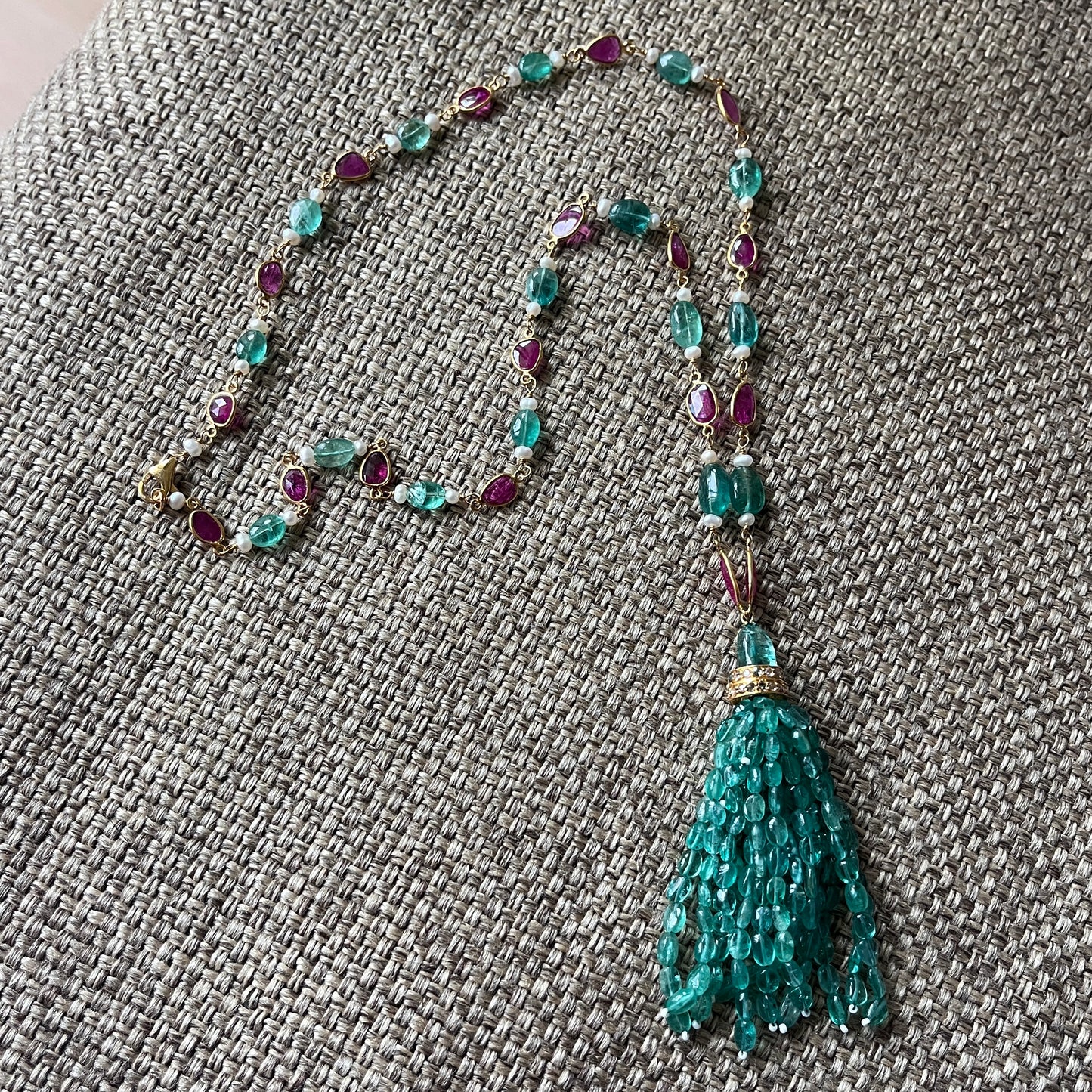 14k Gold Natural Zambian Emerald, Ruby & Rose Cut Diamond Boho Victorian Beaded Tassel Necklace