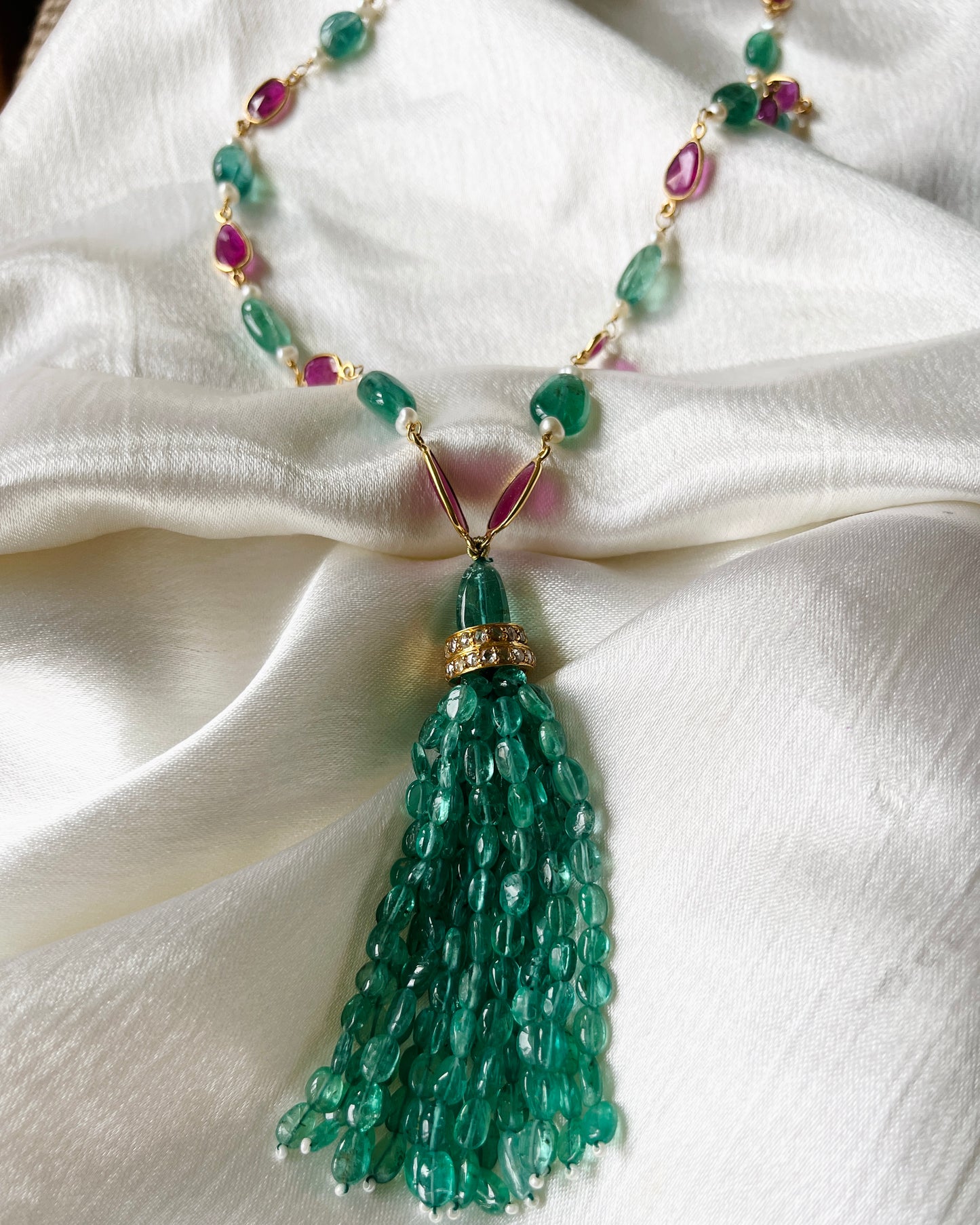 14k Gold Natural Zambian Emerald, Ruby & Rose Cut Diamond Boho Victorian Beaded Tassel Necklace