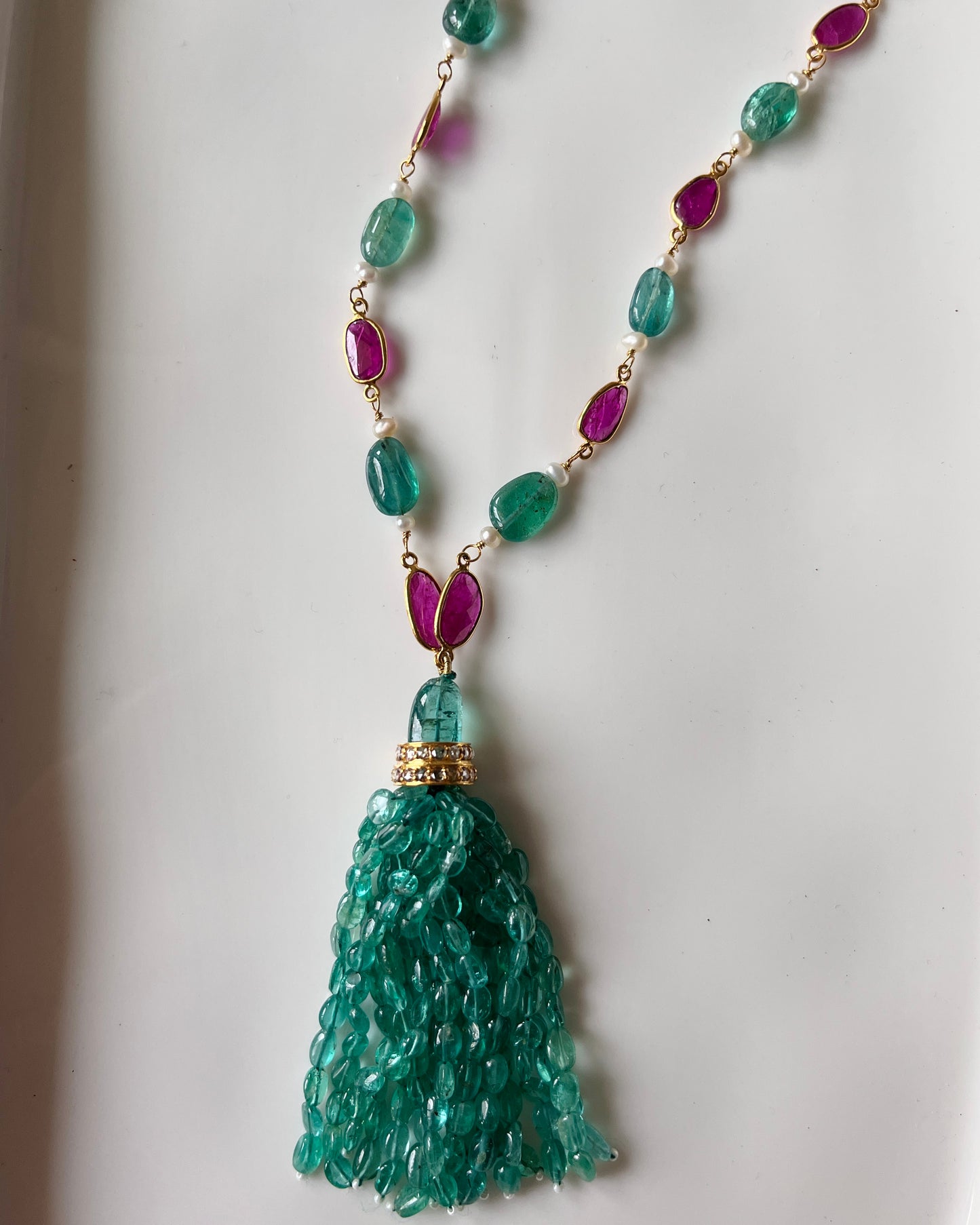14k Gold Natural Zambian Emerald, Ruby & Rose Cut Diamond Boho Victorian Beaded Tassel Necklace