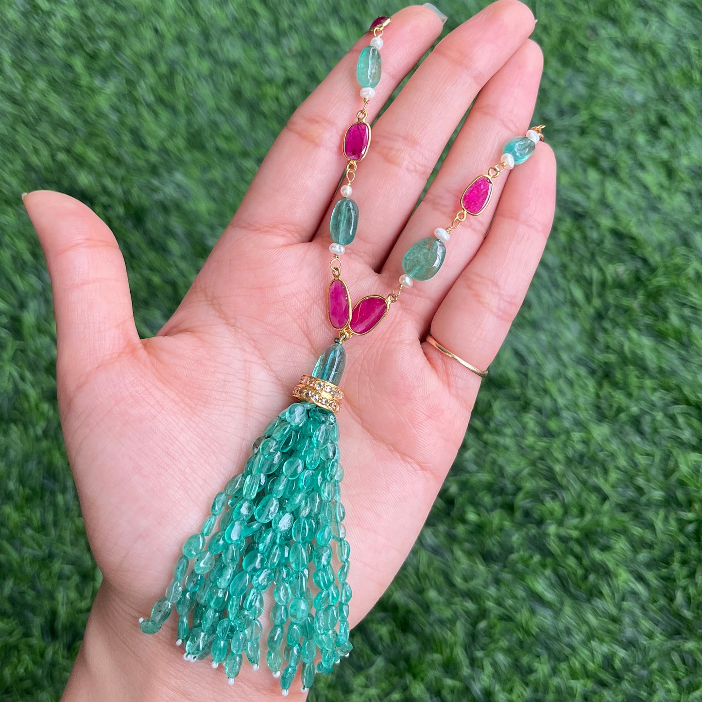 14k Gold Natural Zambian Emerald, Ruby & Rose Cut Diamond Boho Victorian Beaded Tassel Necklace