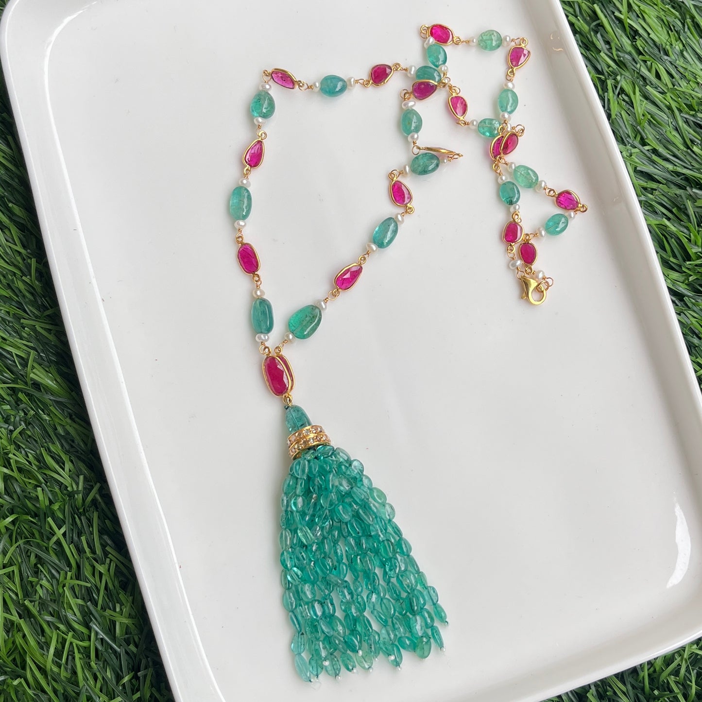 14k Gold Natural Zambian Emerald, Ruby & Rose Cut Diamond Boho Victorian Beaded Tassel Necklace