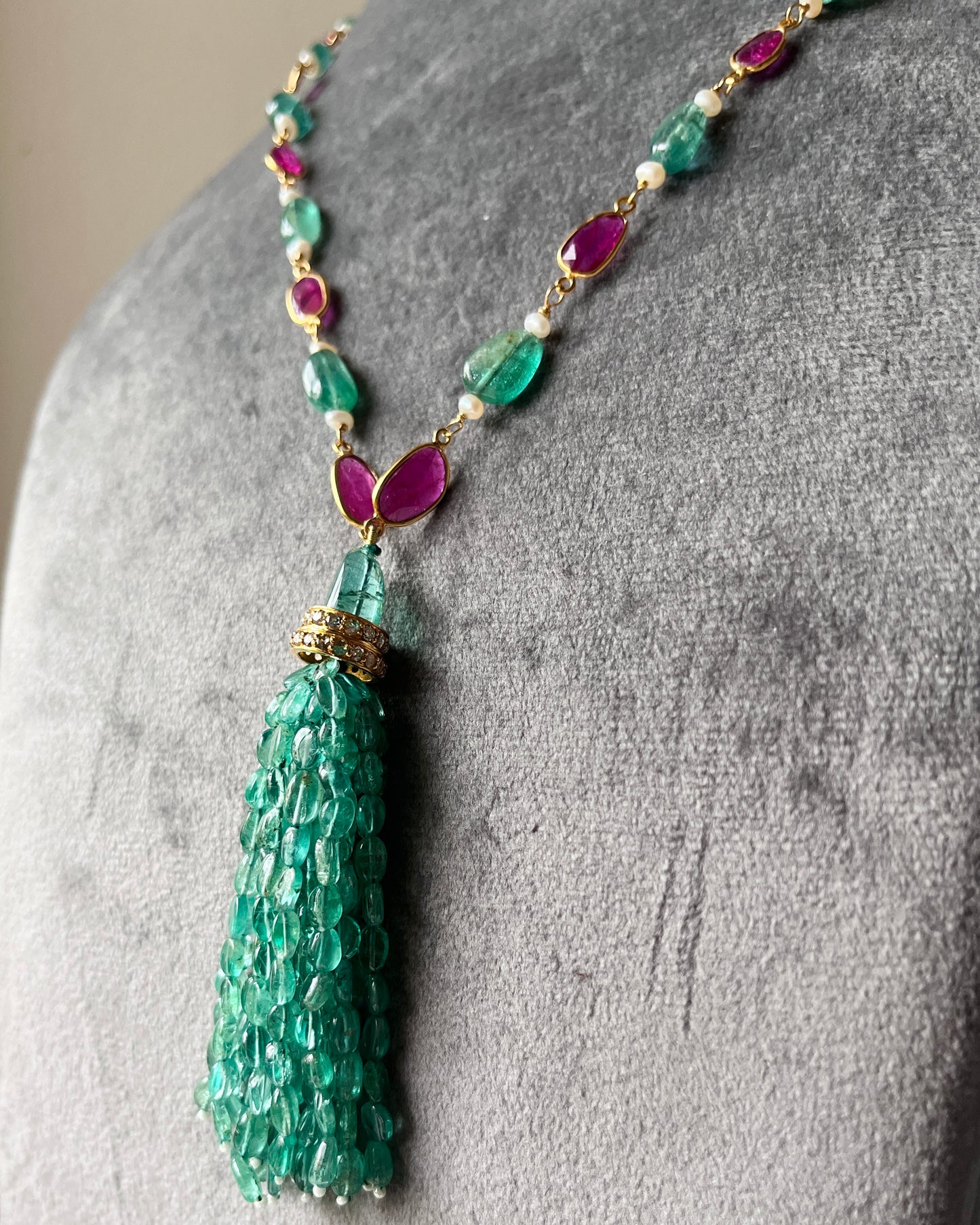 14k Gold Natural Zambian Emerald, Ruby & Rose Cut Diamond Boho Victorian Beaded Tassel Necklace