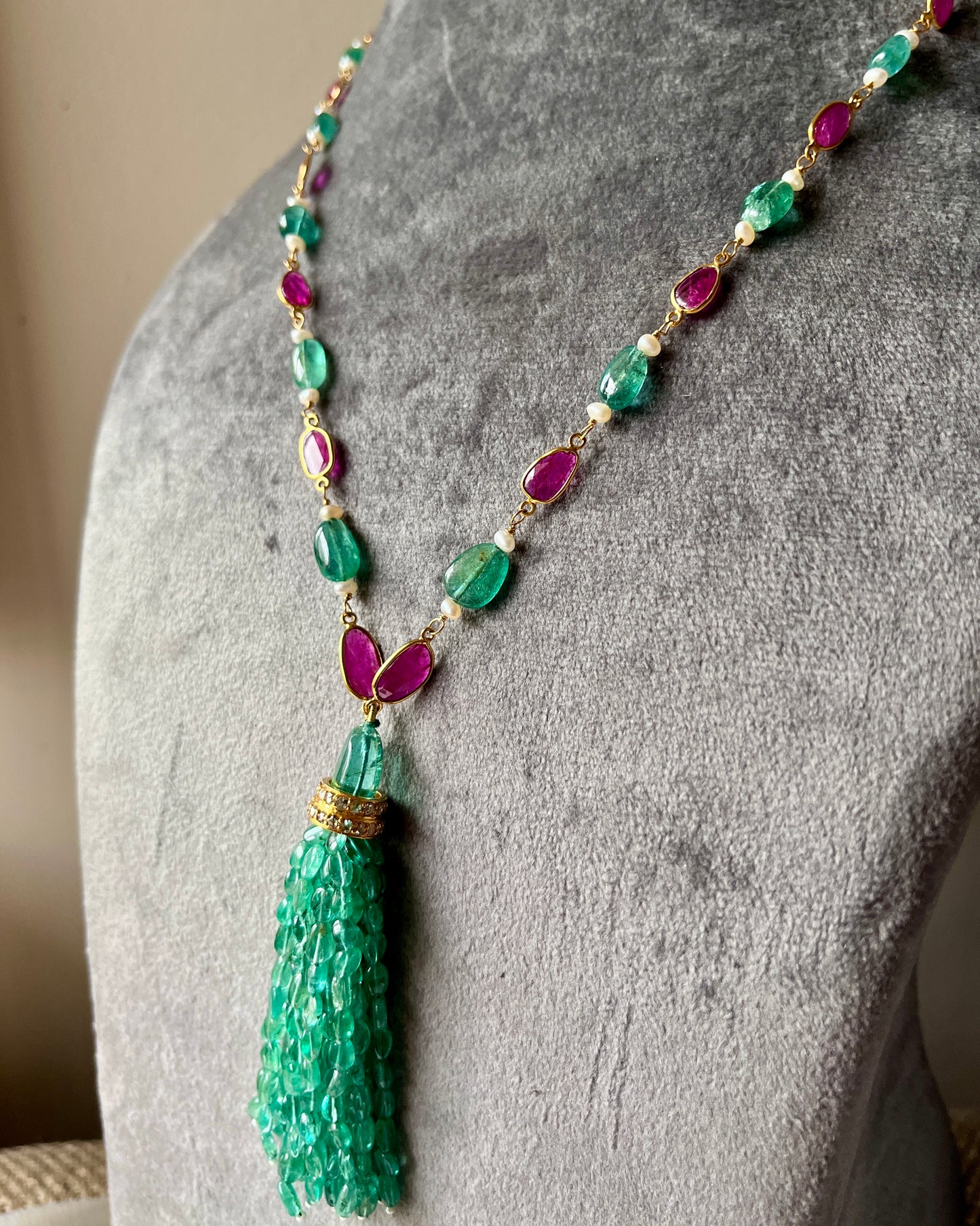 14k Gold Natural Zambian Emerald, Ruby & Rose Cut Diamond Boho Victorian Beaded Tassel Necklace