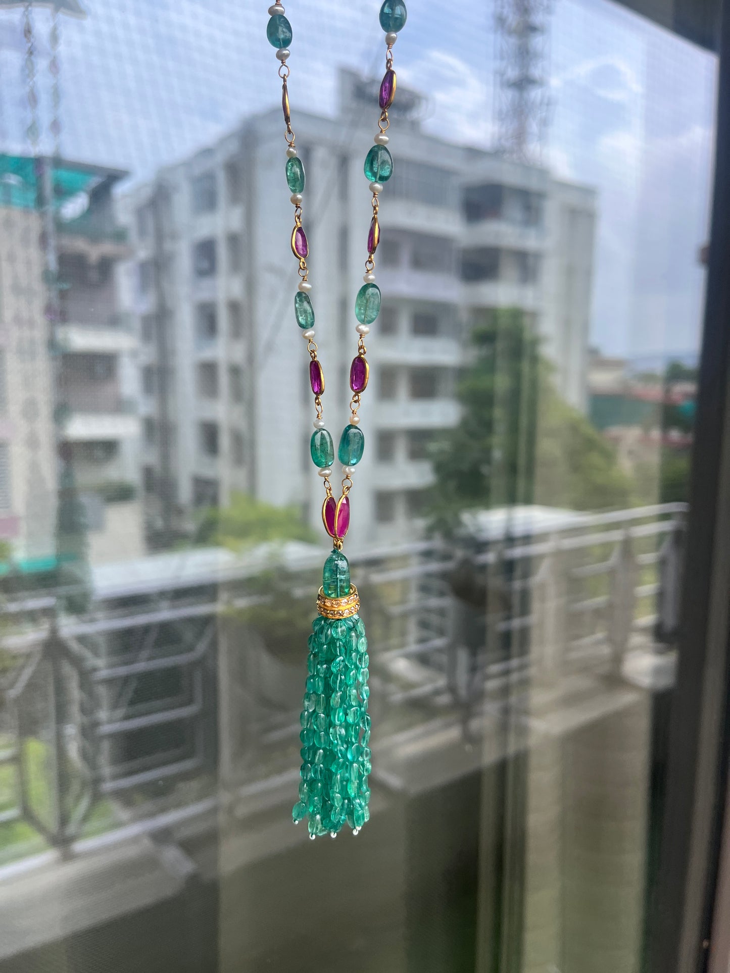 14k Gold Natural Zambian Emerald, Ruby & Rose Cut Diamond Boho Victorian Beaded Tassel Necklace