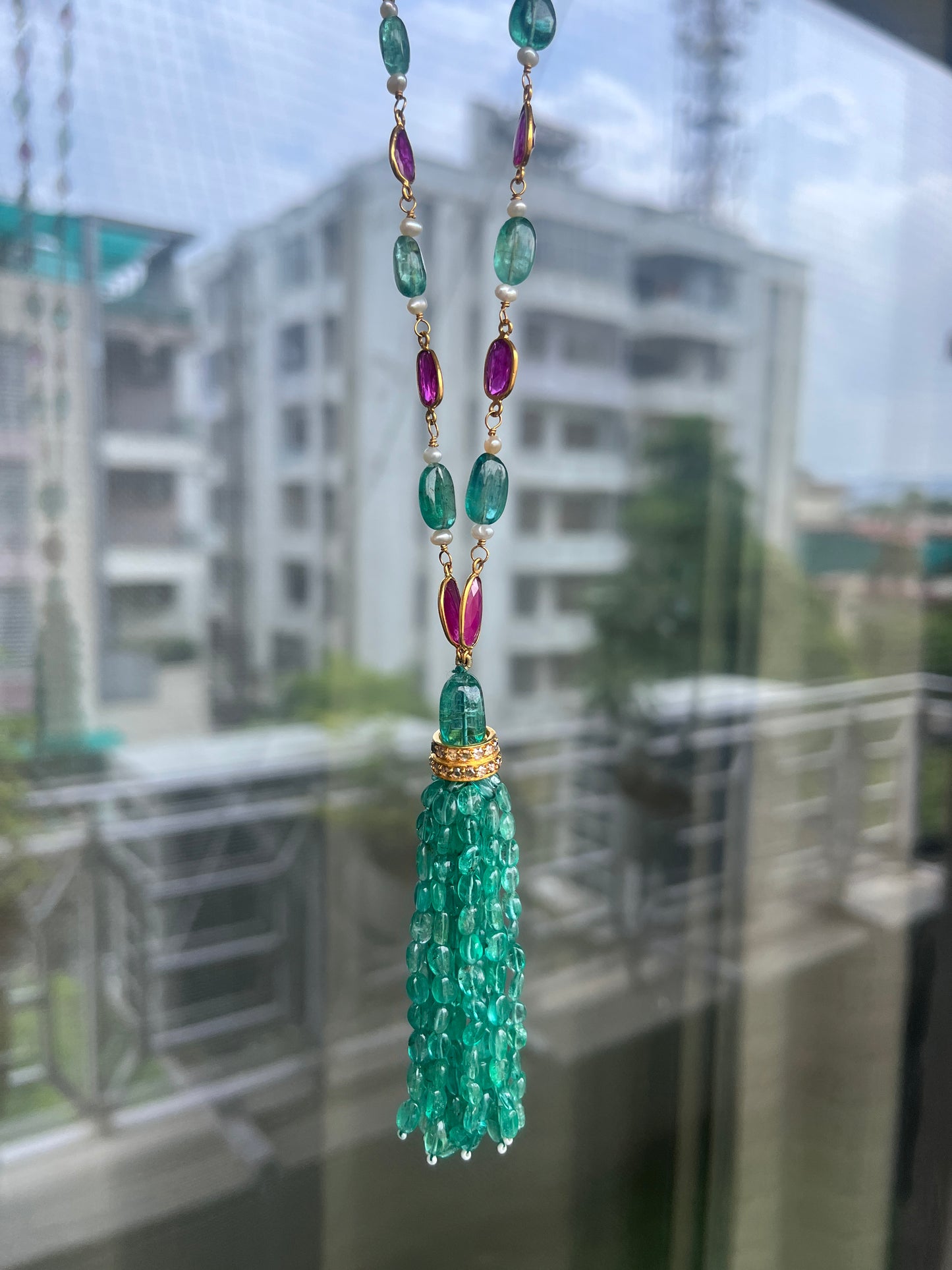 14k Gold Natural Zambian Emerald, Ruby & Rose Cut Diamond Boho Victorian Beaded Tassel Necklace