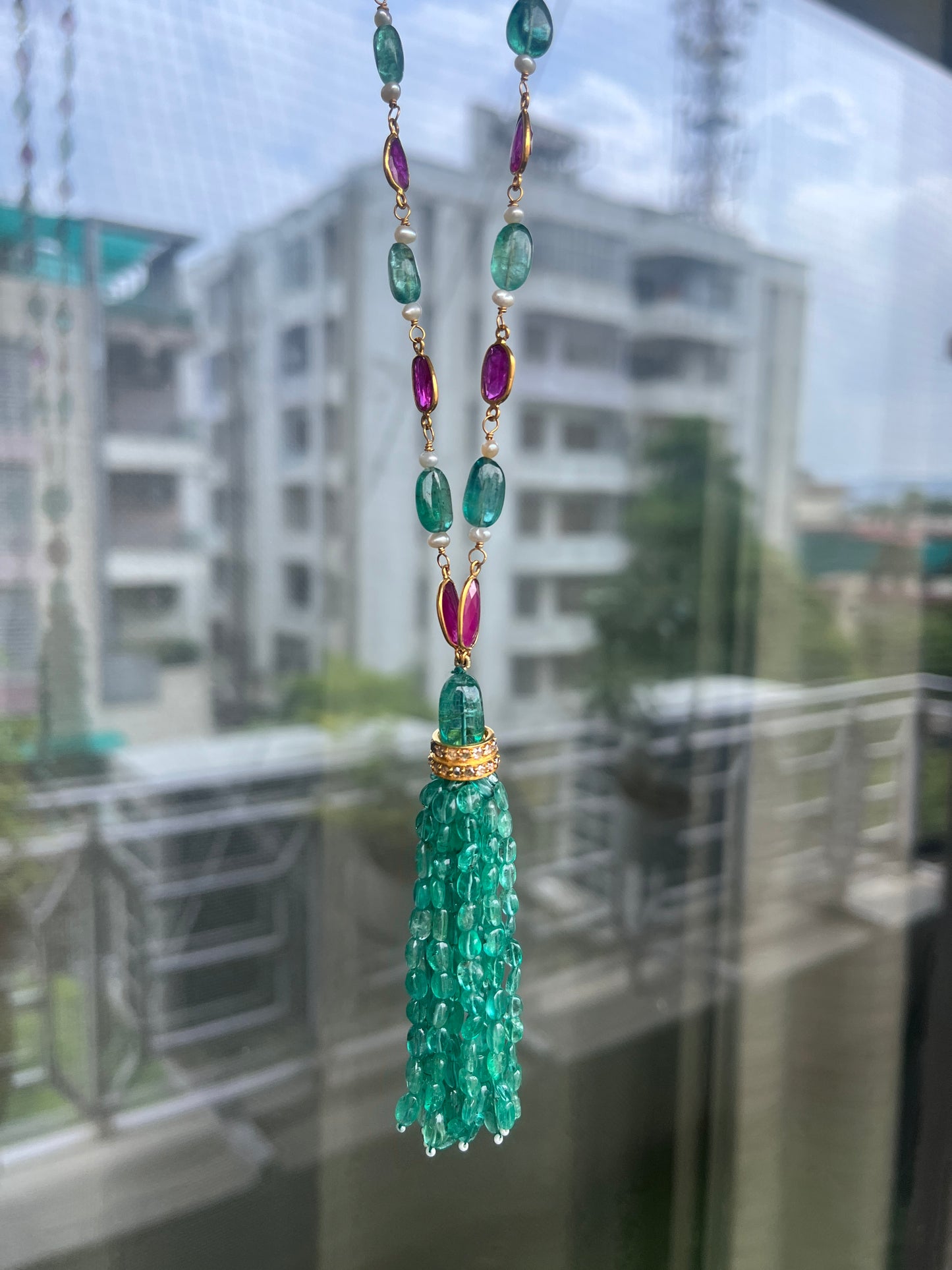 14k Gold Natural Zambian Emerald, Ruby & Rose Cut Diamond Boho Victorian Beaded Tassel Necklace
