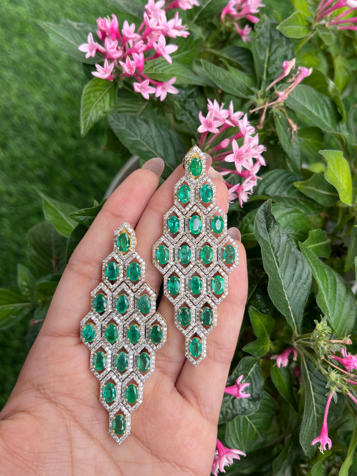 14k Gold Natural Zambian Emerald & Diamond Art Deco Earrings