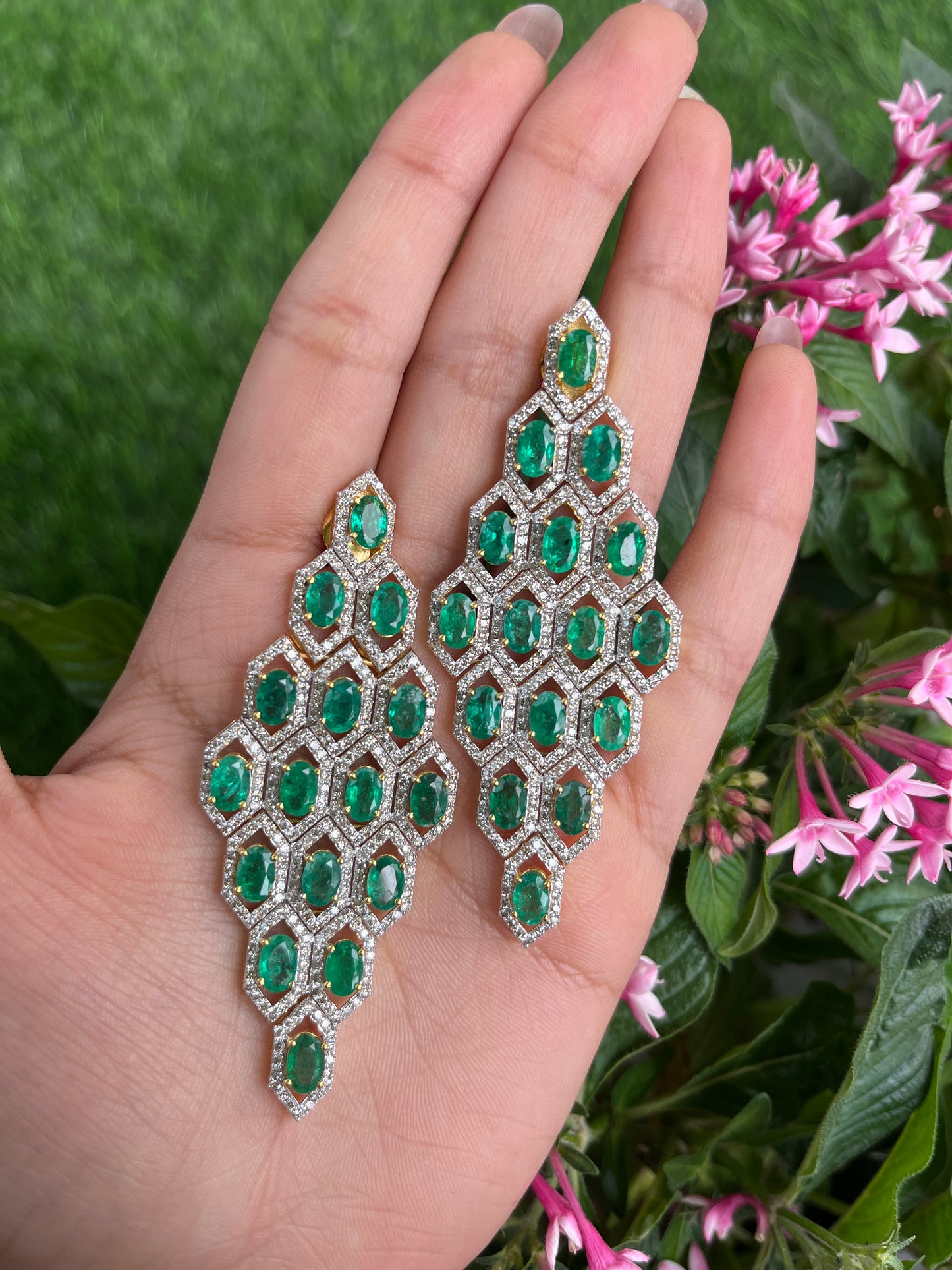 14k Gold Natural Zambian Emerald & Diamond Art Deco Earrings