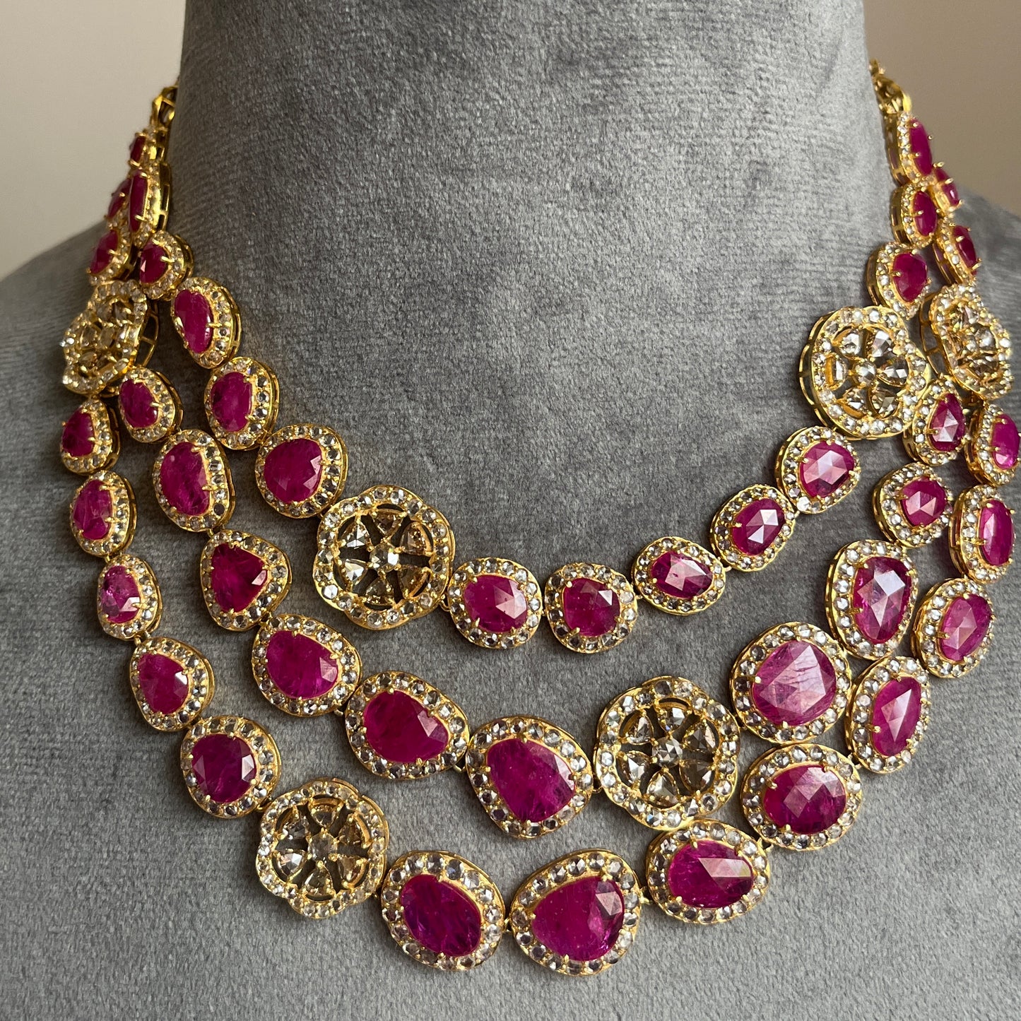 14k Gold Natural Burmese Ruby & Rose Cut Diamond Necklace - 70.62 Carats Ruby, 36.22 Carats Diamond Victorian Necklace