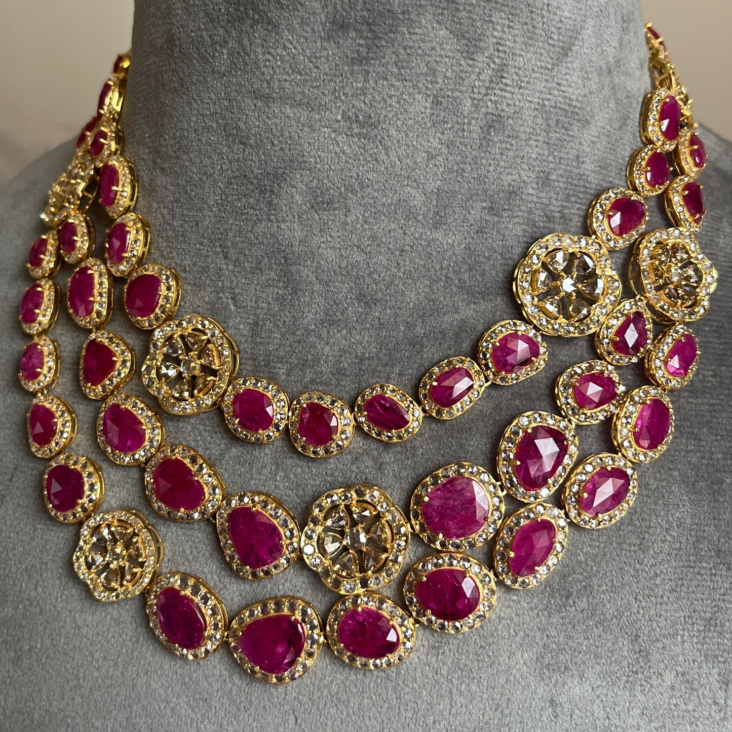 14k Gold Natural Burmese Ruby & Rose Cut Diamond Necklace - 70.62 Carats Ruby, 36.22 Carats Diamond Victorian Necklace