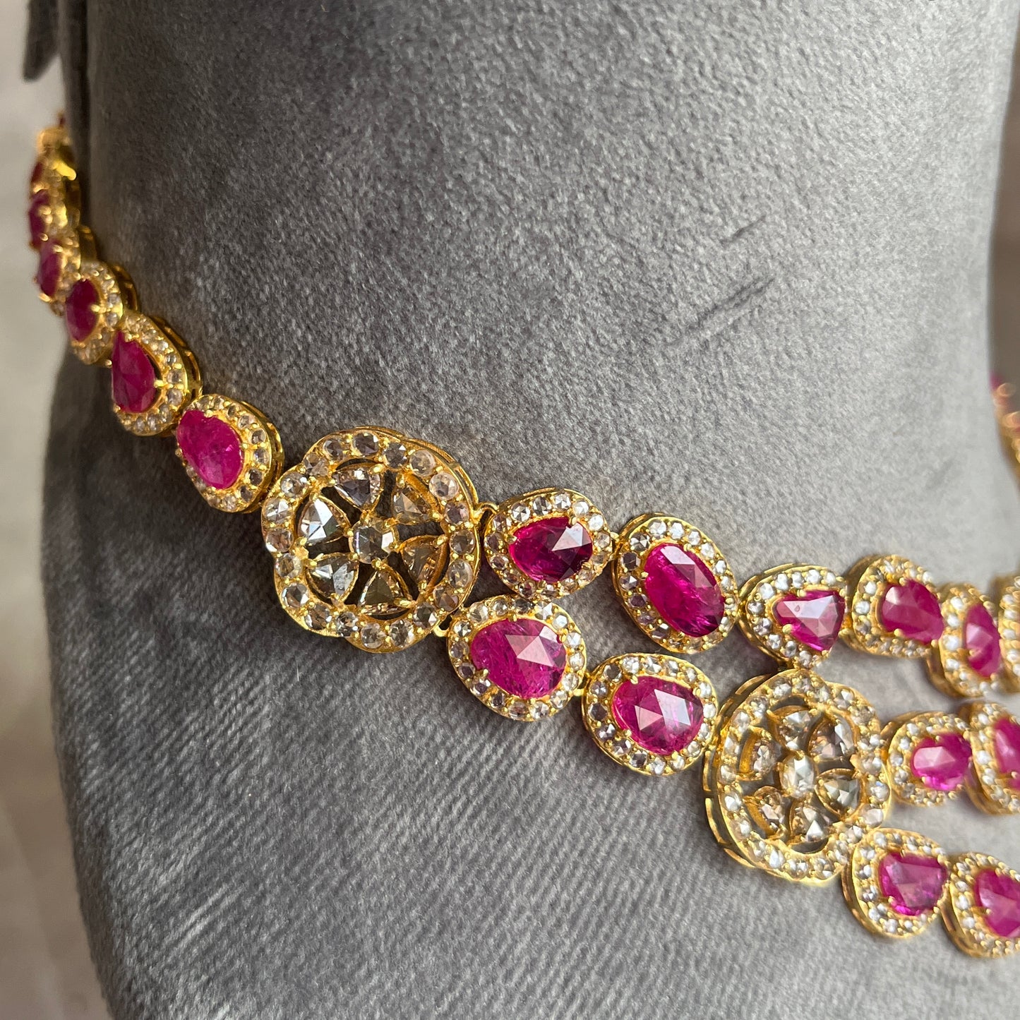 14k Gold Natural Burmese Ruby & Rose Cut Diamond Necklace - 70.62 Carats Ruby, 36.22 Carats Diamond Victorian Necklace