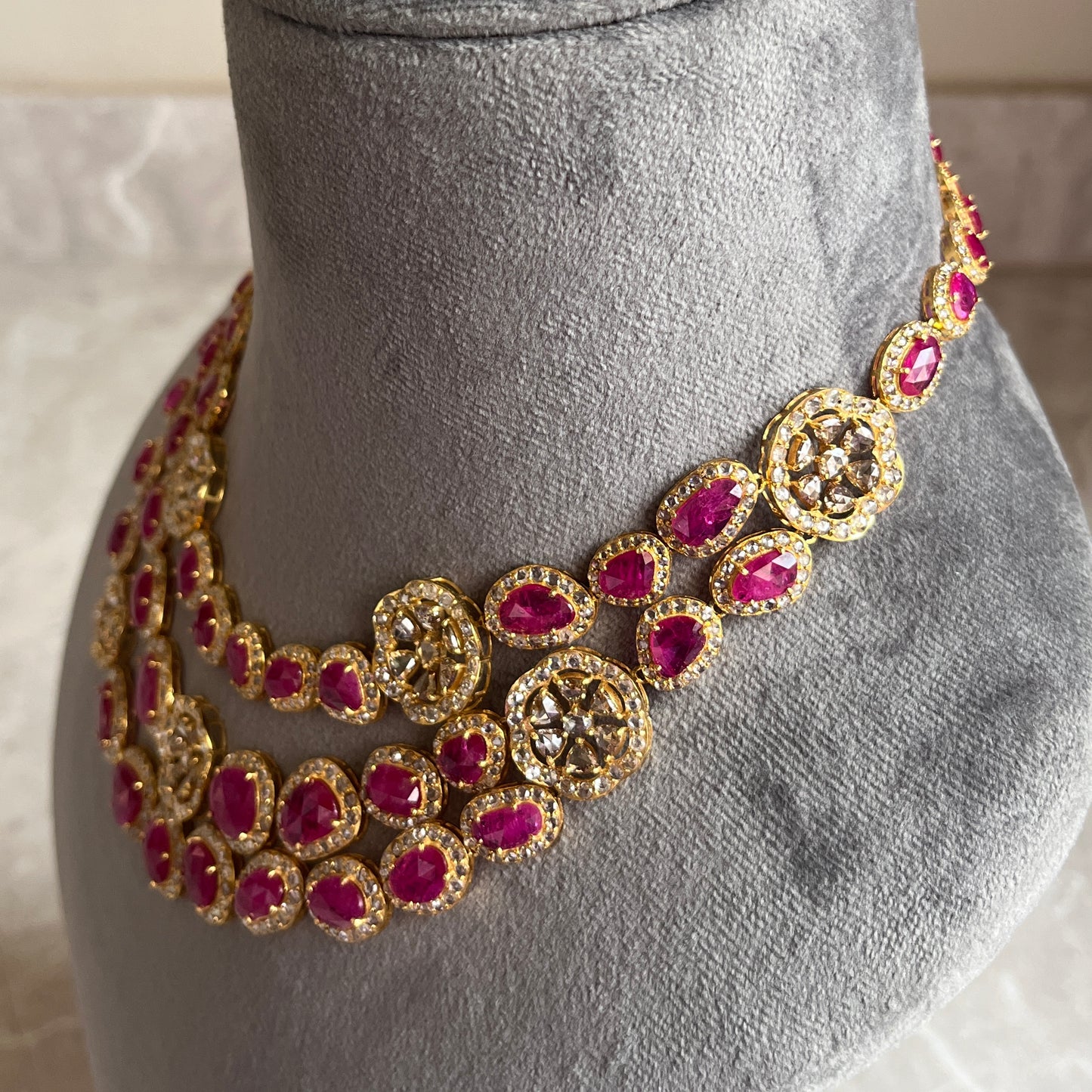 14k Gold Natural Burmese Ruby & Rose Cut Diamond Necklace - 70.62 Carats Ruby, 36.22 Carats Diamond Victorian Necklace