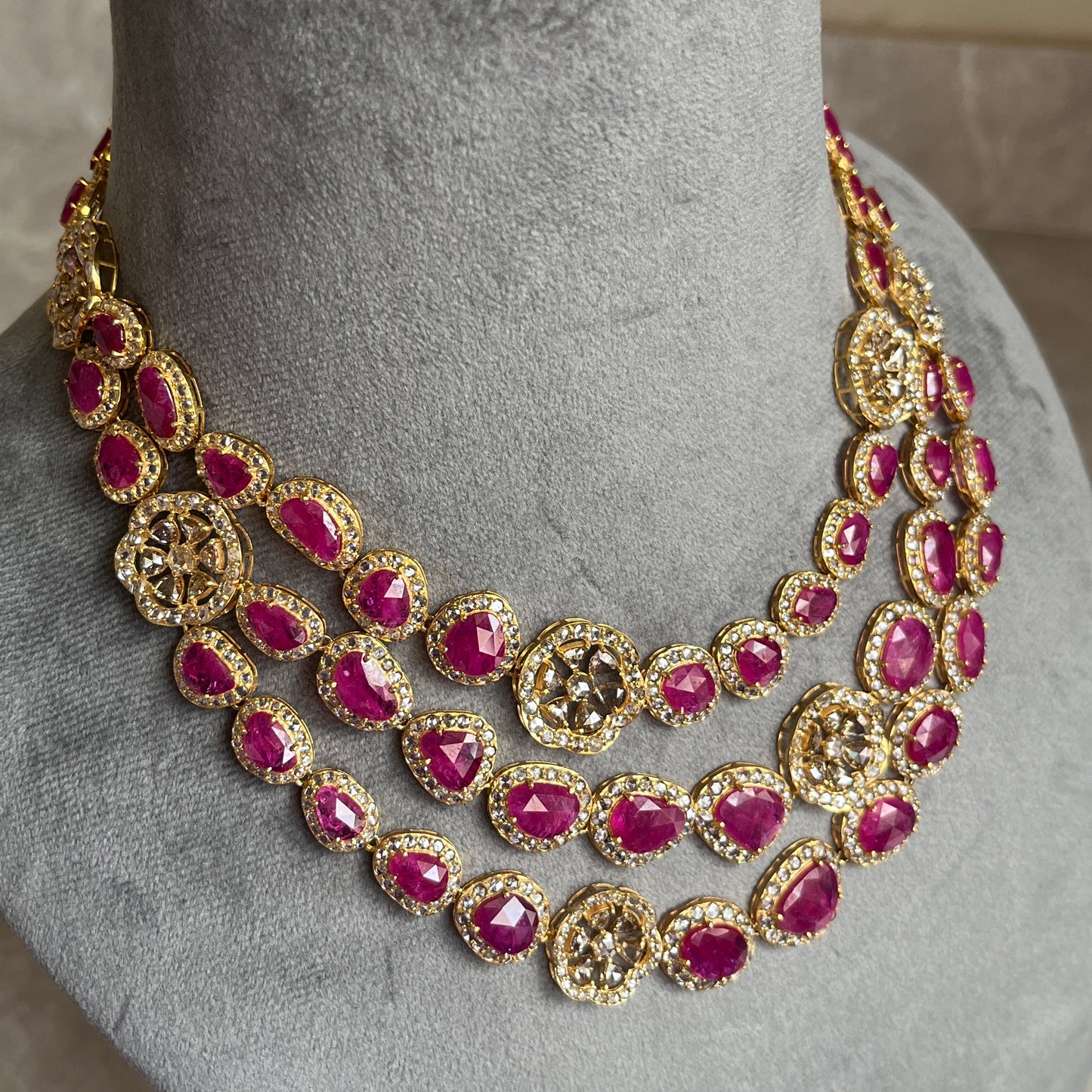 14k Gold Natural Burmese Ruby & Rose Cut Diamond Necklace - 70.62 Carats Ruby, 36.22 Carats Diamond Victorian Necklace