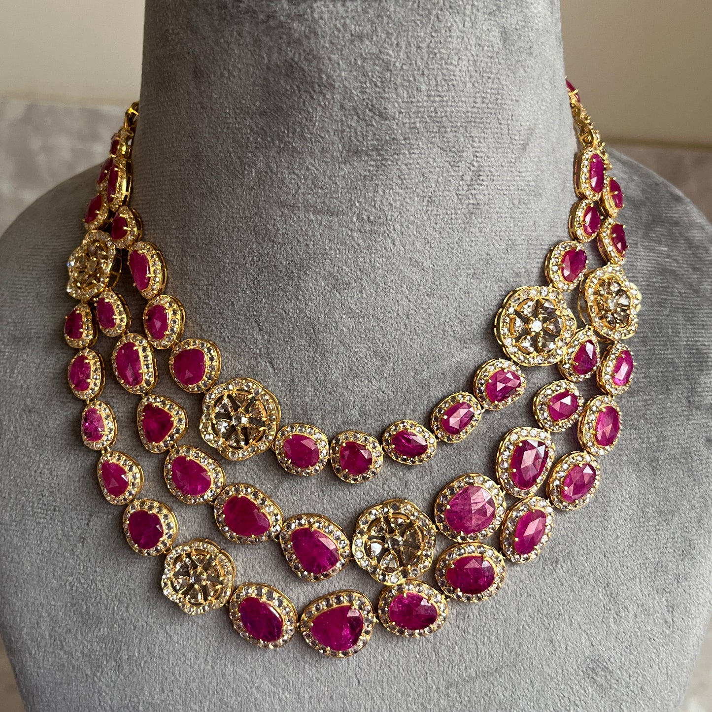 14k Gold Natural Burmese Ruby & Rose Cut Diamond Necklace - 70.62 Carats Ruby, 36.22 Carats Diamond Victorian Necklace