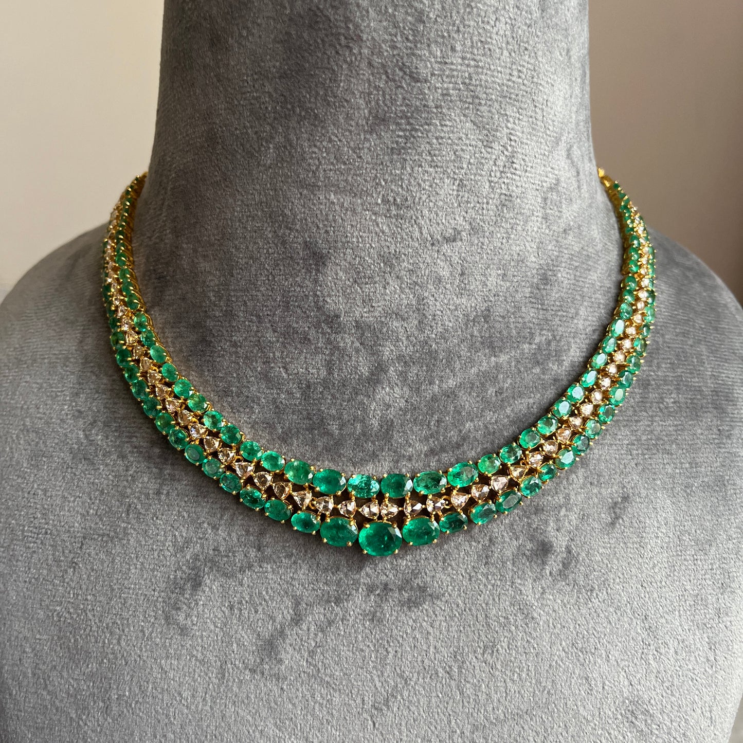 14k Gold Natural Zambian Emerald & Rose Cut Diamond Necklace - 32.7 Carats Emerald, 6.45 Carats Diamond Victorian Necklace