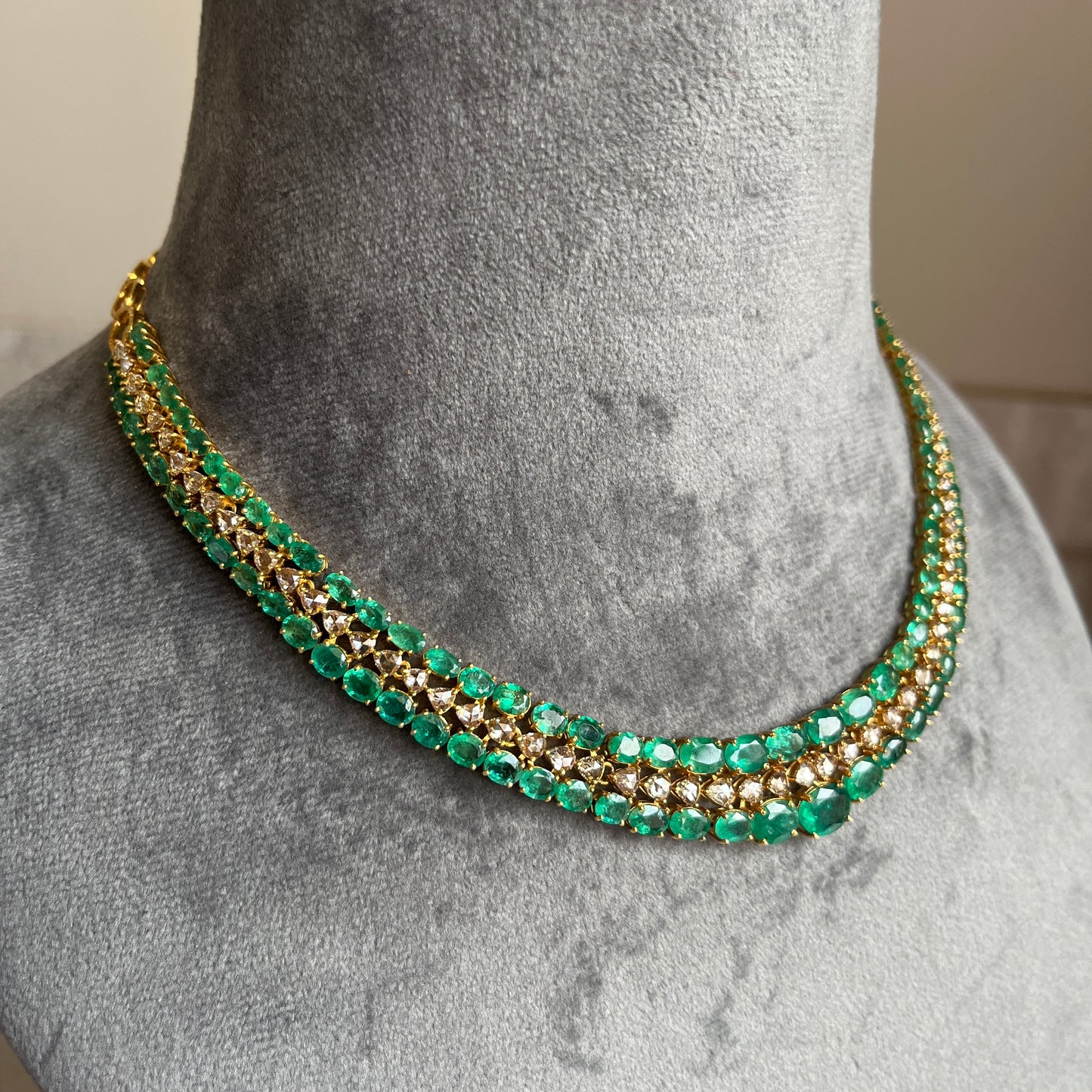 14k Gold Natural Zambian Emerald & Rose Cut Diamond Necklace - 32.7 Carats Emerald, 6.45 Carats Diamond Victorian Necklace