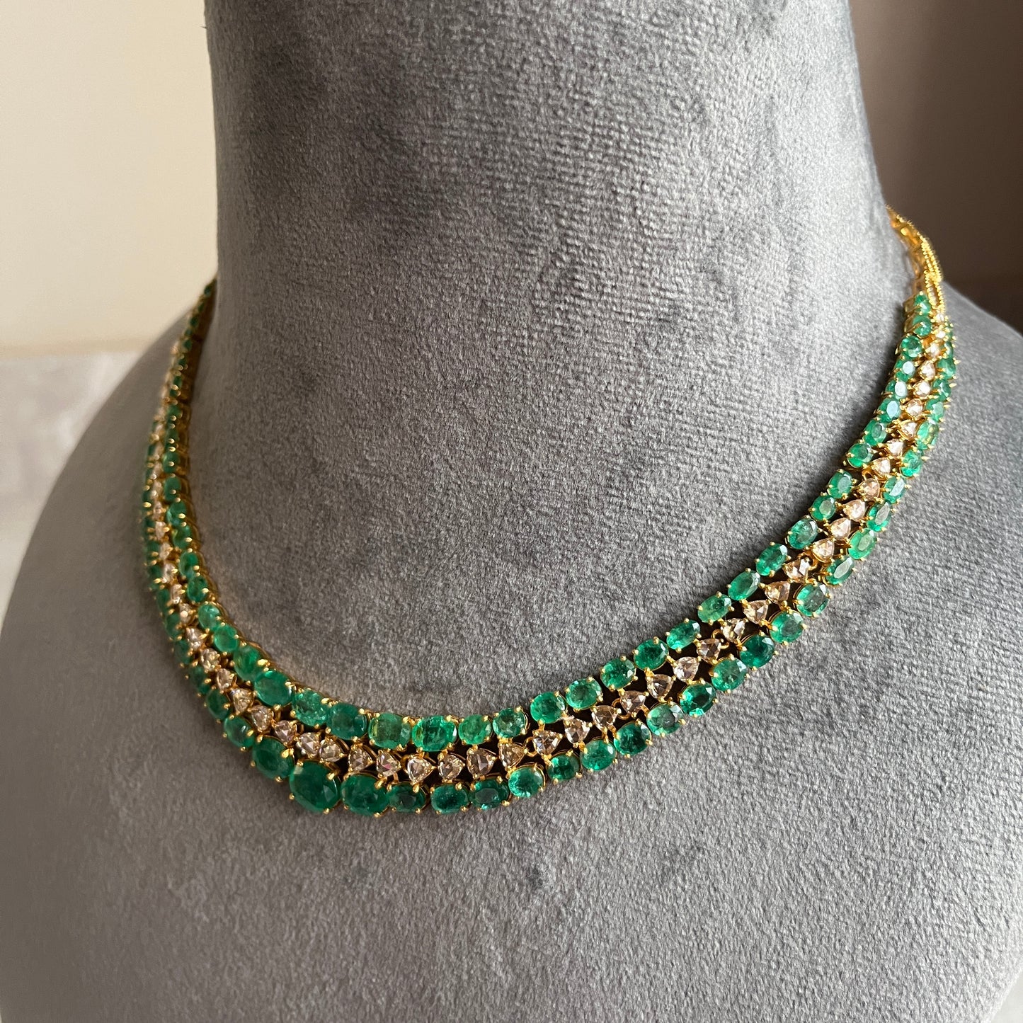 14k Gold Natural Zambian Emerald & Rose Cut Diamond Necklace - 32.7 Carats Emerald, 6.45 Carats Diamond Victorian Necklace