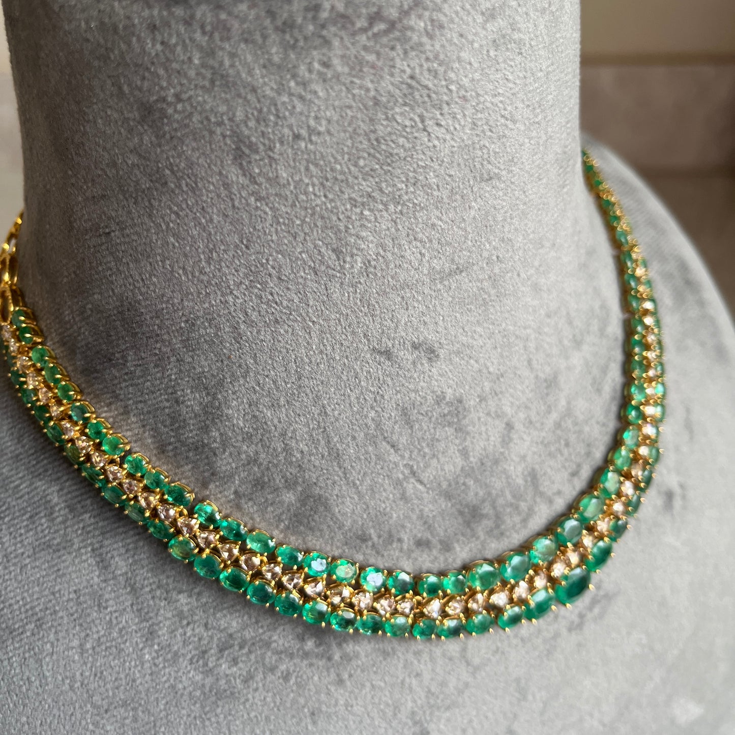 14k Gold Natural Zambian Emerald & Rose Cut Diamond Necklace - 32.7 Carats Emerald, 6.45 Carats Diamond Victorian Necklace