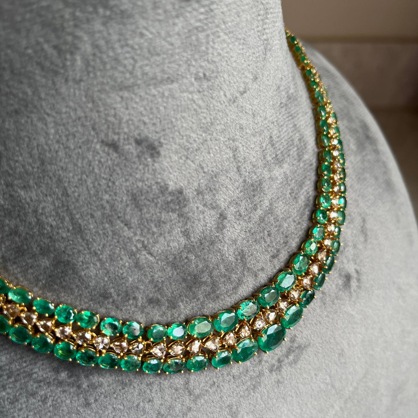 14k Gold Natural Zambian Emerald & Rose Cut Diamond Necklace - 32.7 Carats Emerald, 6.45 Carats Diamond Victorian Necklace