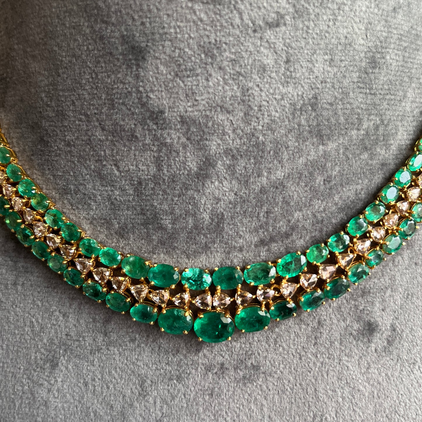 14k Gold Natural Zambian Emerald & Rose Cut Diamond Necklace - 32.7 Carats Emerald, 6.45 Carats Diamond Victorian Necklace