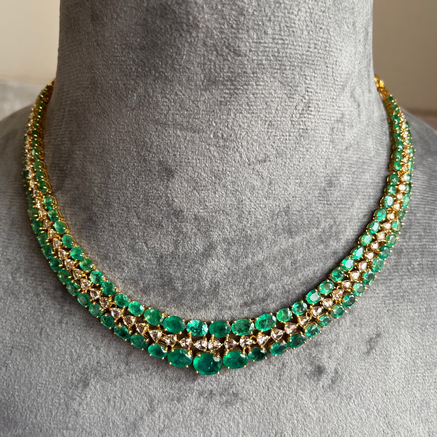 14k Gold Natural Zambian Emerald & Rose Cut Diamond Necklace - 32.7 Carats Emerald, 6.45 Carats Diamond Victorian Necklace