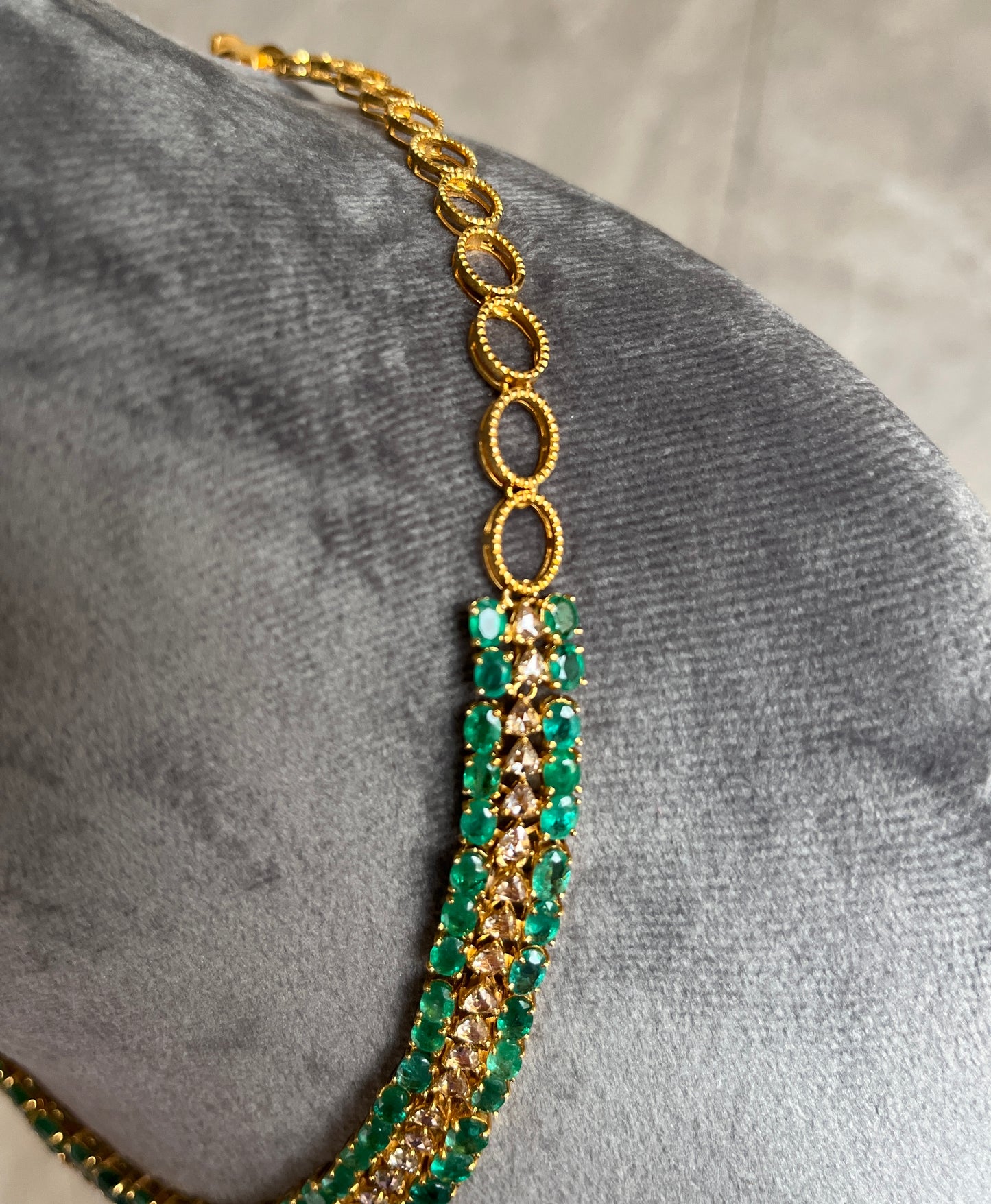 14k Gold Natural Zambian Emerald & Rose Cut Diamond Necklace - 32.7 Carats Emerald, 6.45 Carats Diamond Victorian Necklace