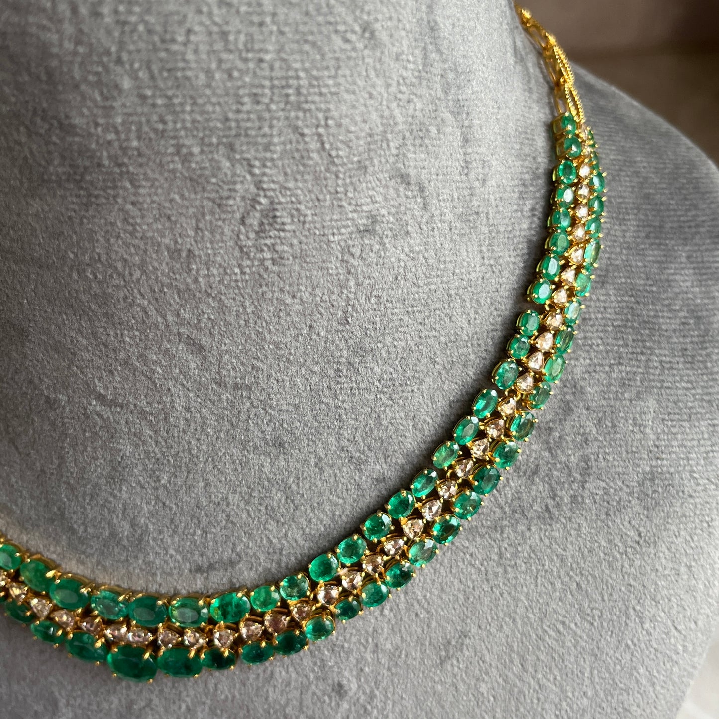 14k Gold Natural Zambian Emerald & Rose Cut Diamond Necklace - 32.7 Carats Emerald, 6.45 Carats Diamond Victorian Necklace