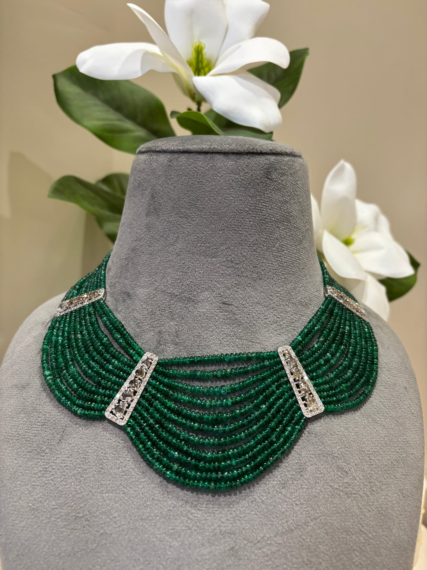 14k Gold Natural Diamond And Emerald Beads Layered Necklace