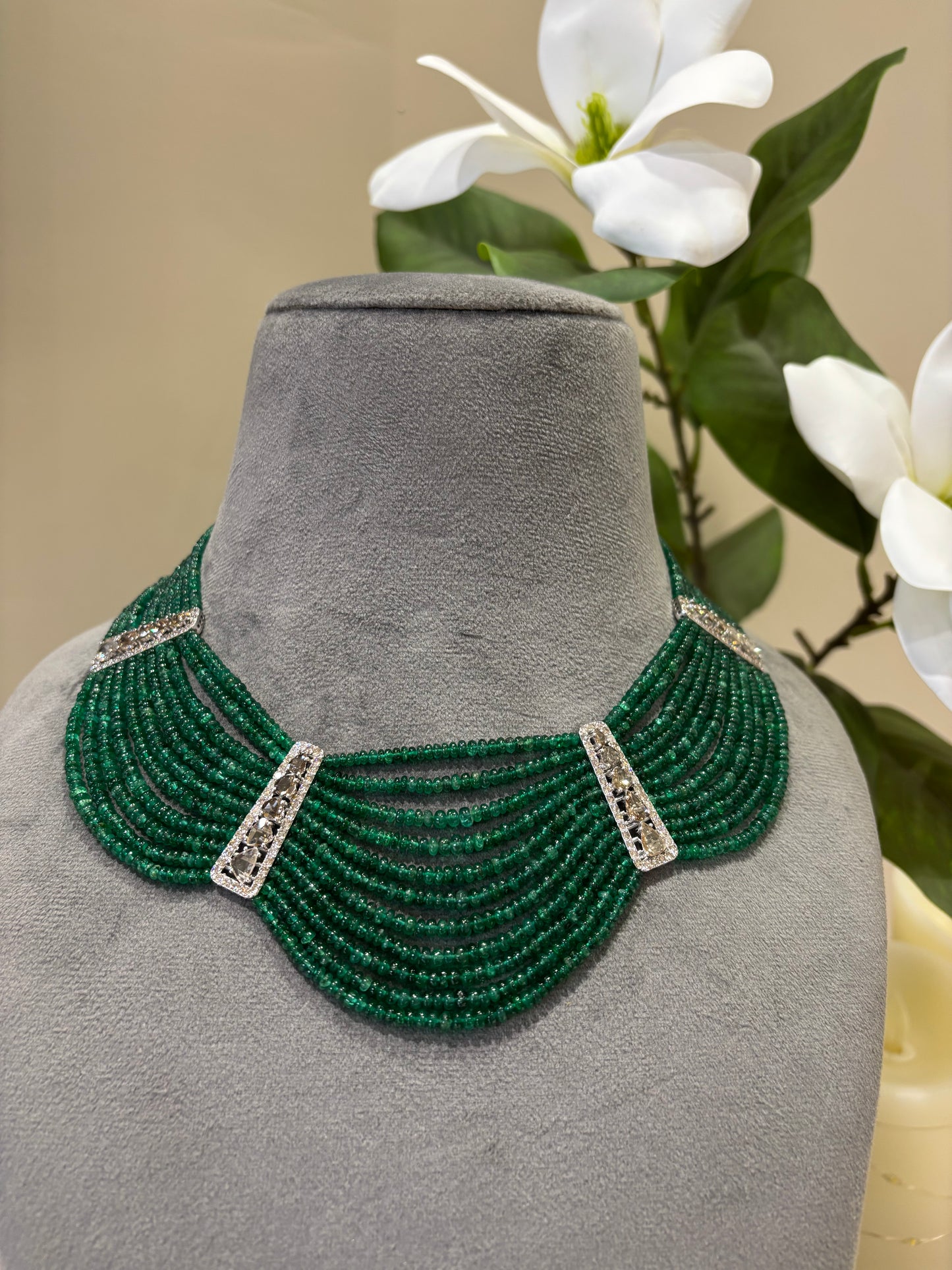 14k Gold Natural Diamond And Emerald Beads Layered Necklace