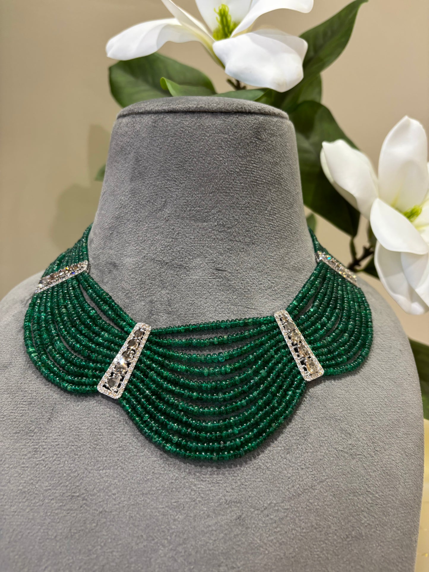 14k Gold Natural Diamond And Emerald Beads Layered Necklace