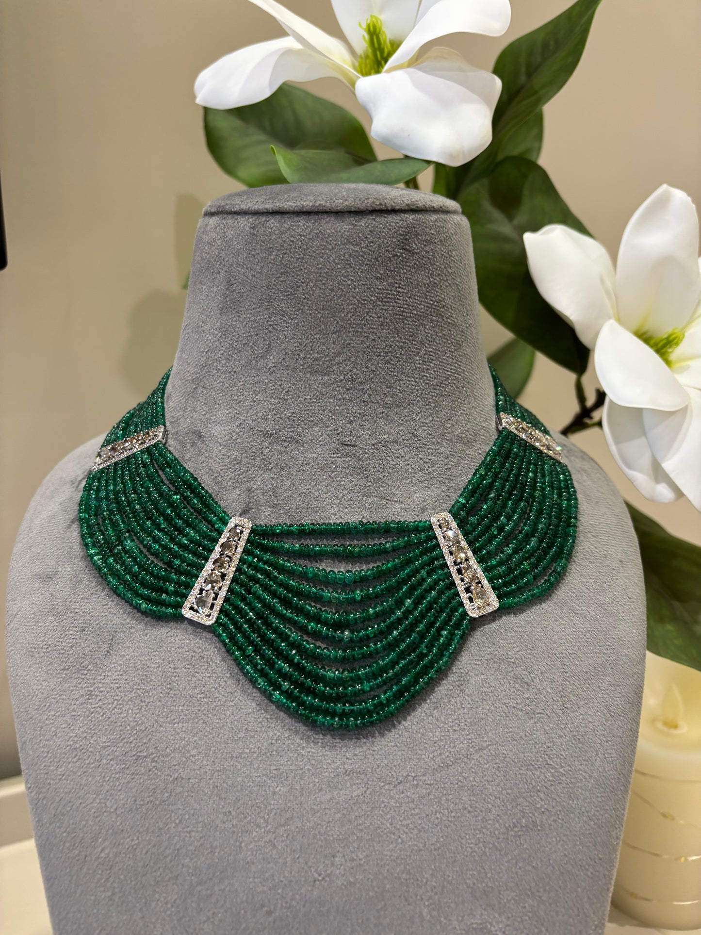 14k Gold Natural Diamond And Emerald Beads Layered Necklace