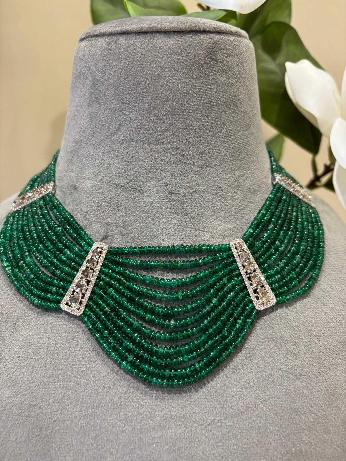 14k Gold Natural Diamond And Emerald Beads Layered Necklace