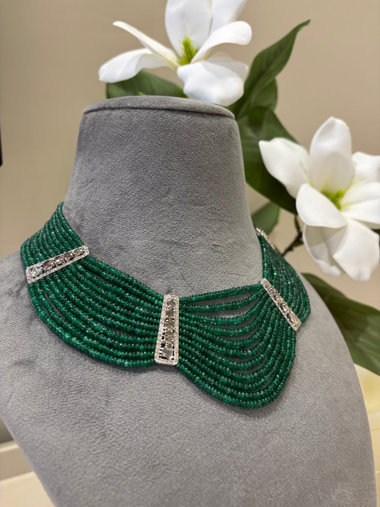 14k Gold Natural Diamond And Emerald Beads Layered Necklace