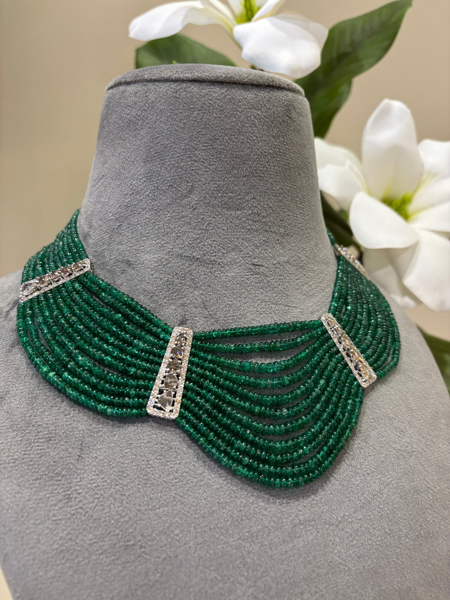 14k Gold Natural Diamond And Emerald Beads Layered Necklace