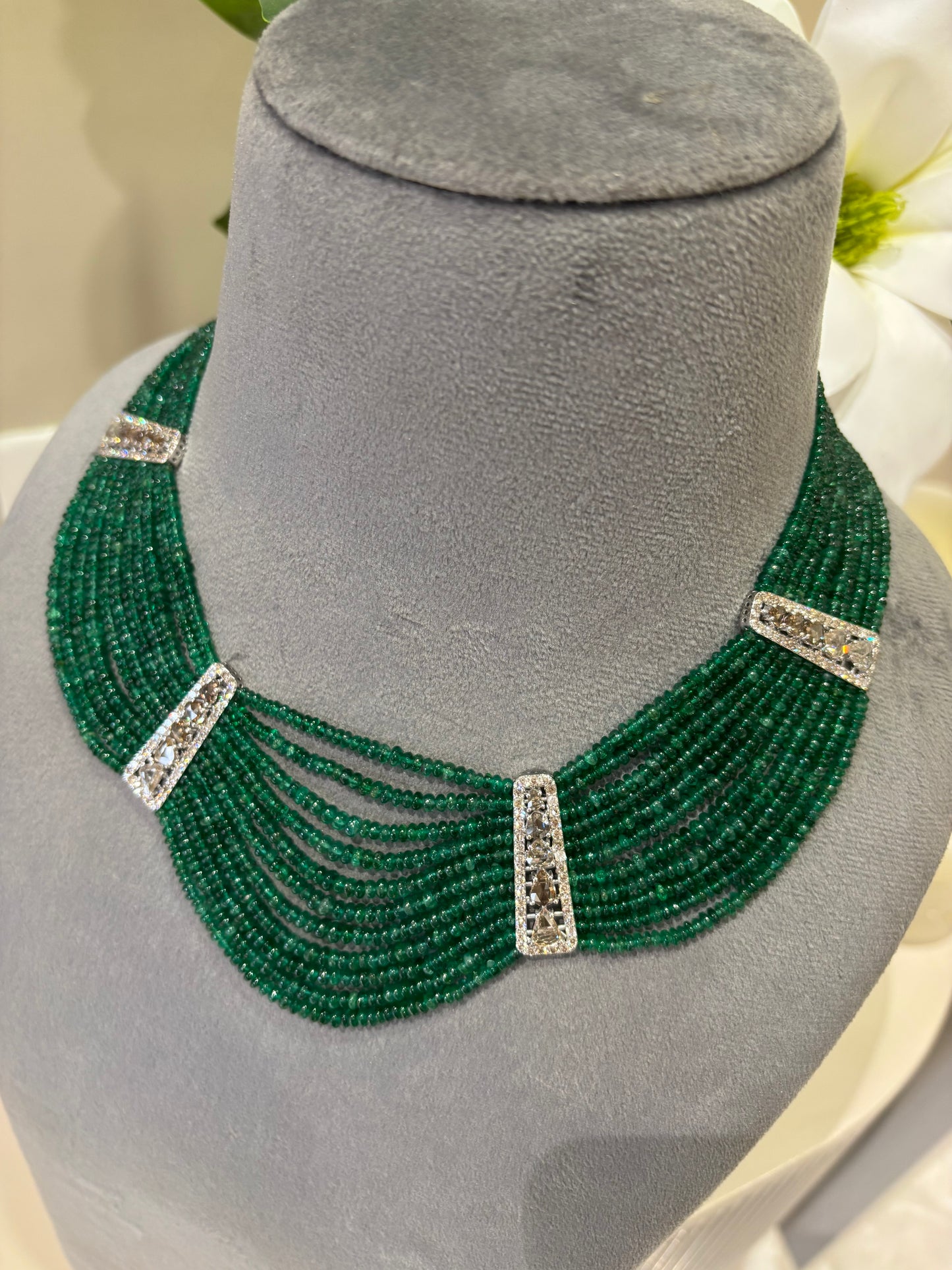 14k Gold Natural Diamond And Emerald Beads Layered Necklace