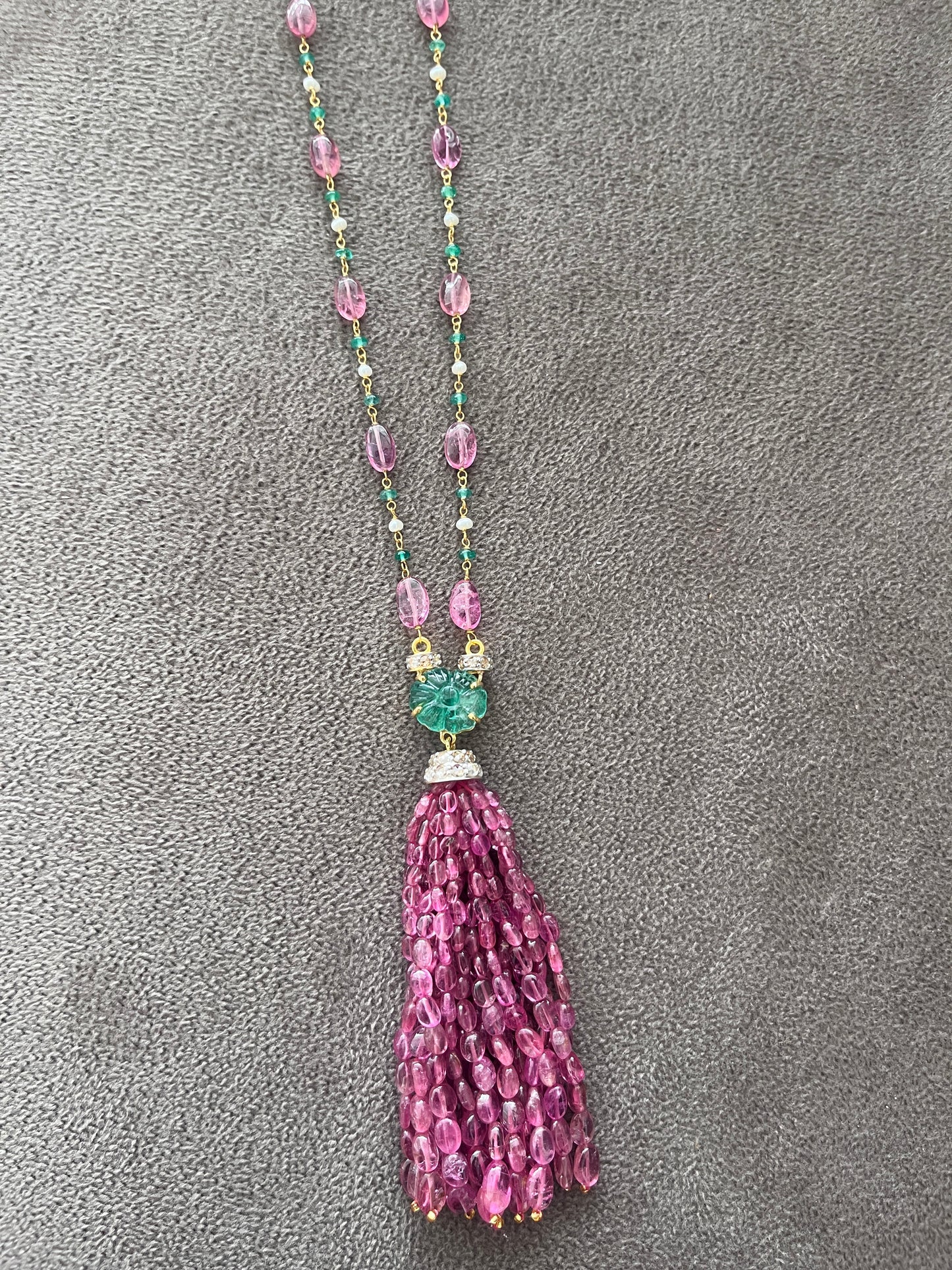 Pink Tourmaline, Emerald & Diamond Beaded Tassel Necklace - 14K Gold Jewelry