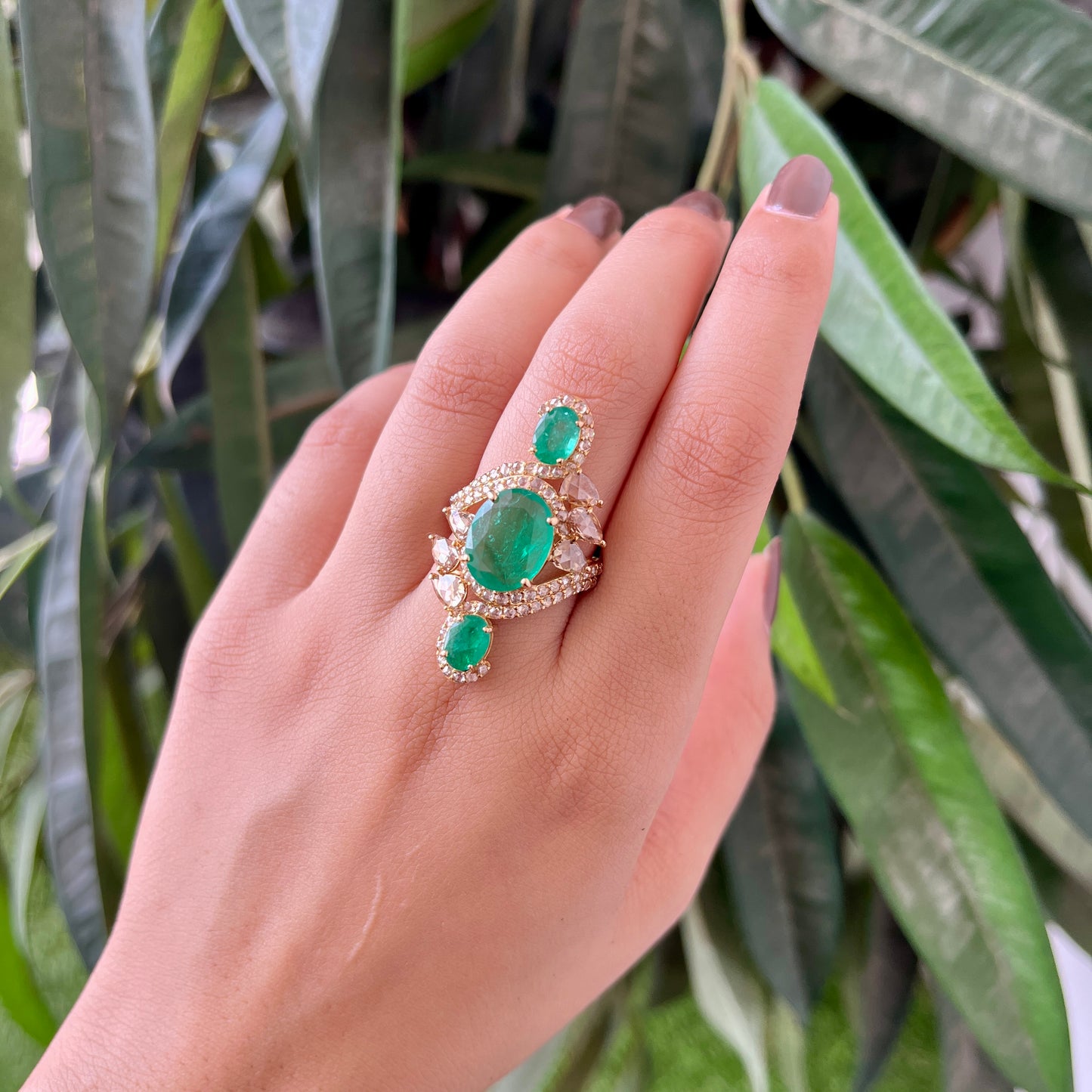 14k Gold Natural Zambian Emerald & Rose Cut Diamond Ring - 4.88 Carats Emerald, 2.06 Carats Diamond Victorian Ring