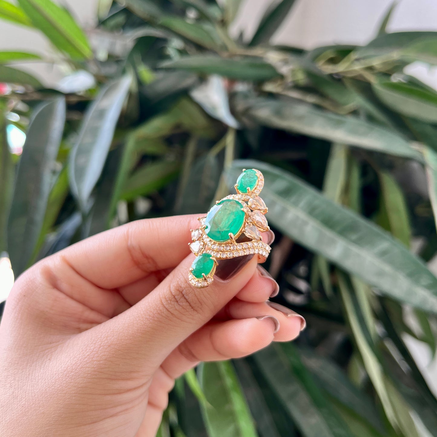 14k Gold Natural Zambian Emerald & Rose Cut Diamond Ring - 4.88 Carats Emerald, 2.06 Carats Diamond Victorian Ring