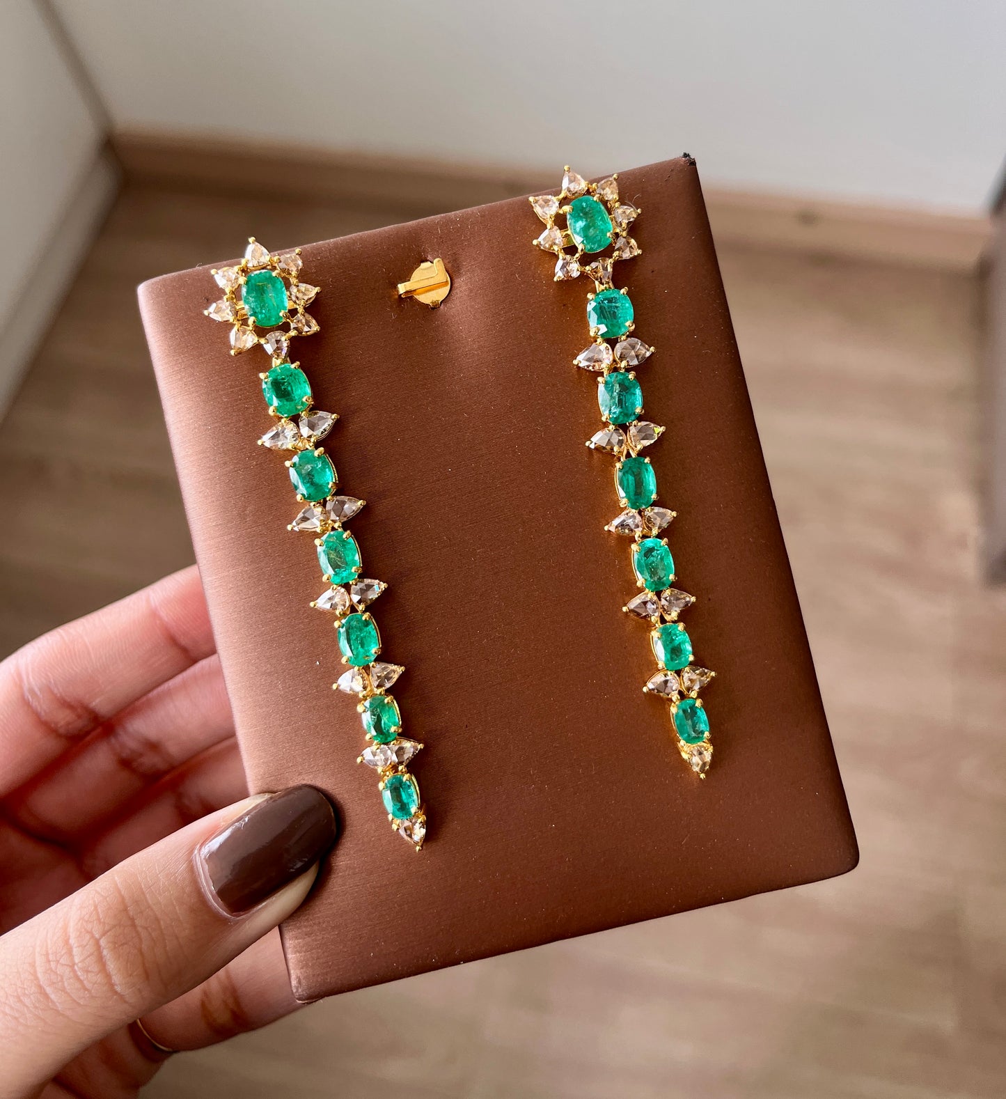 14k Gold Natural Zambian Emerald & Rose Cut Diamond Earrings - 9.83 Carats Emerald, 4.24 Carats Diamond Victorian Earrings