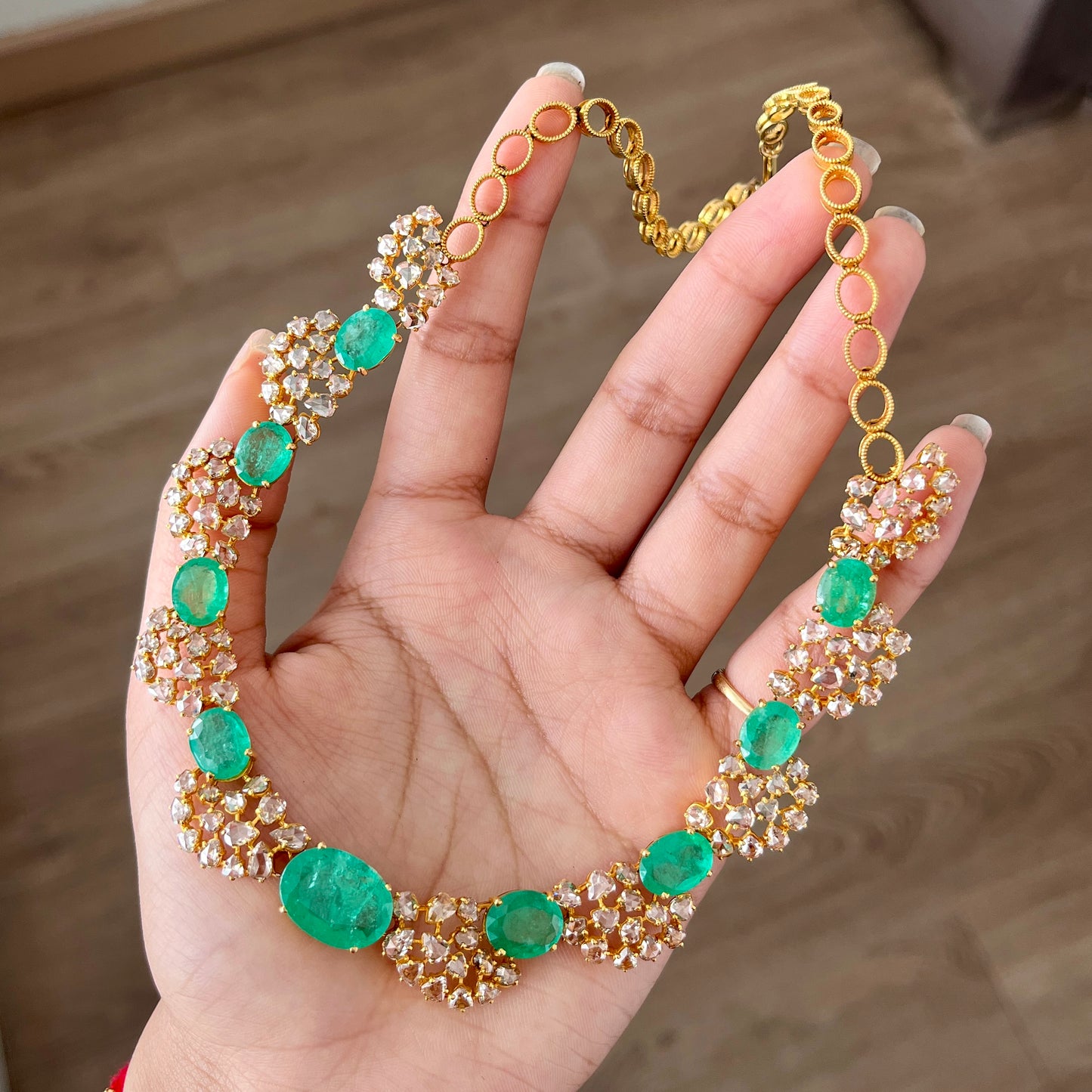 14k Gold Natural Zambian Emerald & Rose Cut Diamond Necklace - 26.73 Carats Emerald, 14.88 Carats Diamond Victorian Necklace
