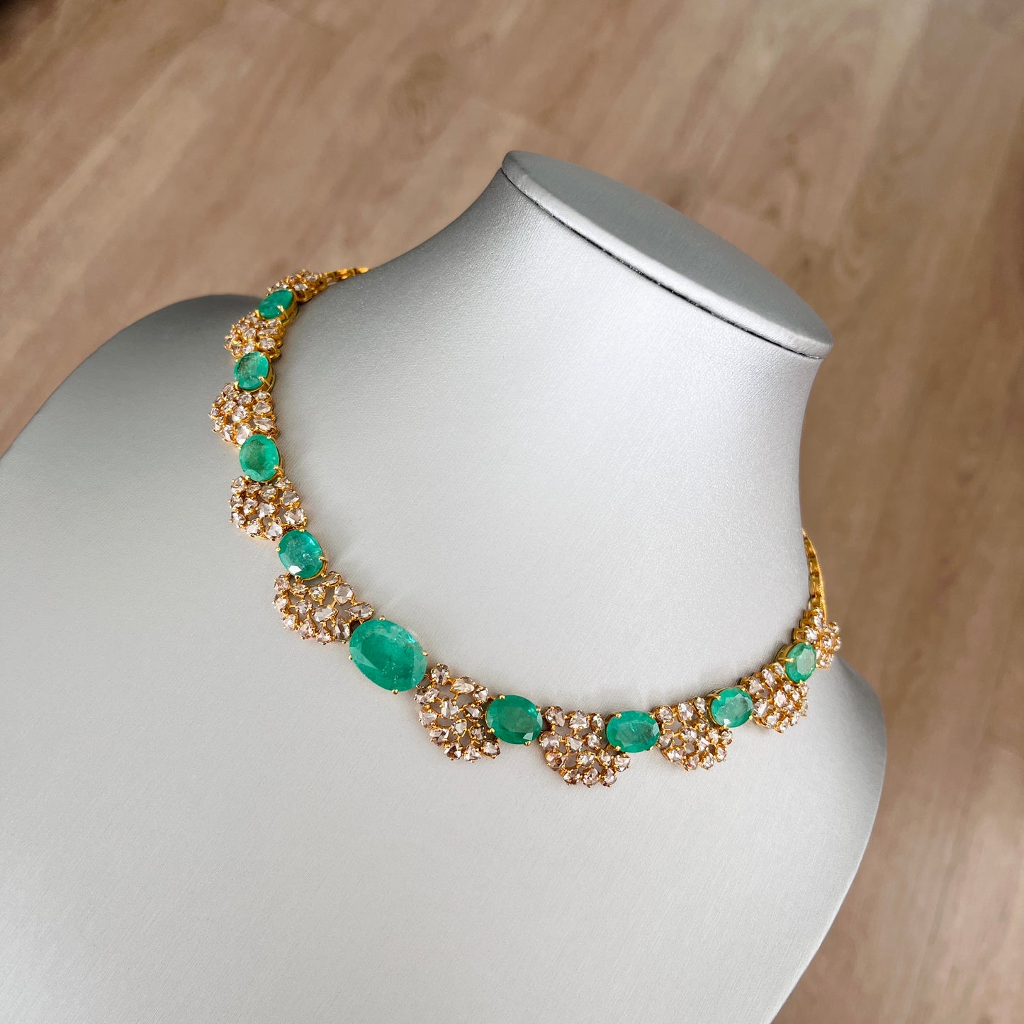 14k Gold Natural Zambian Emerald & Rose Cut Diamond Necklace - 26.73 Carats Emerald, 14.88 Carats Diamond Victorian Necklace