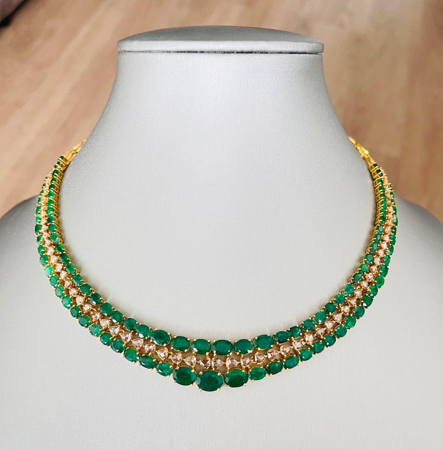 14k Gold Natural Zambian Emerald & Rose Cut Diamond Necklace - 32.97 Carats Emerald, 6.14 Carats Diamond Victorian Necklace
