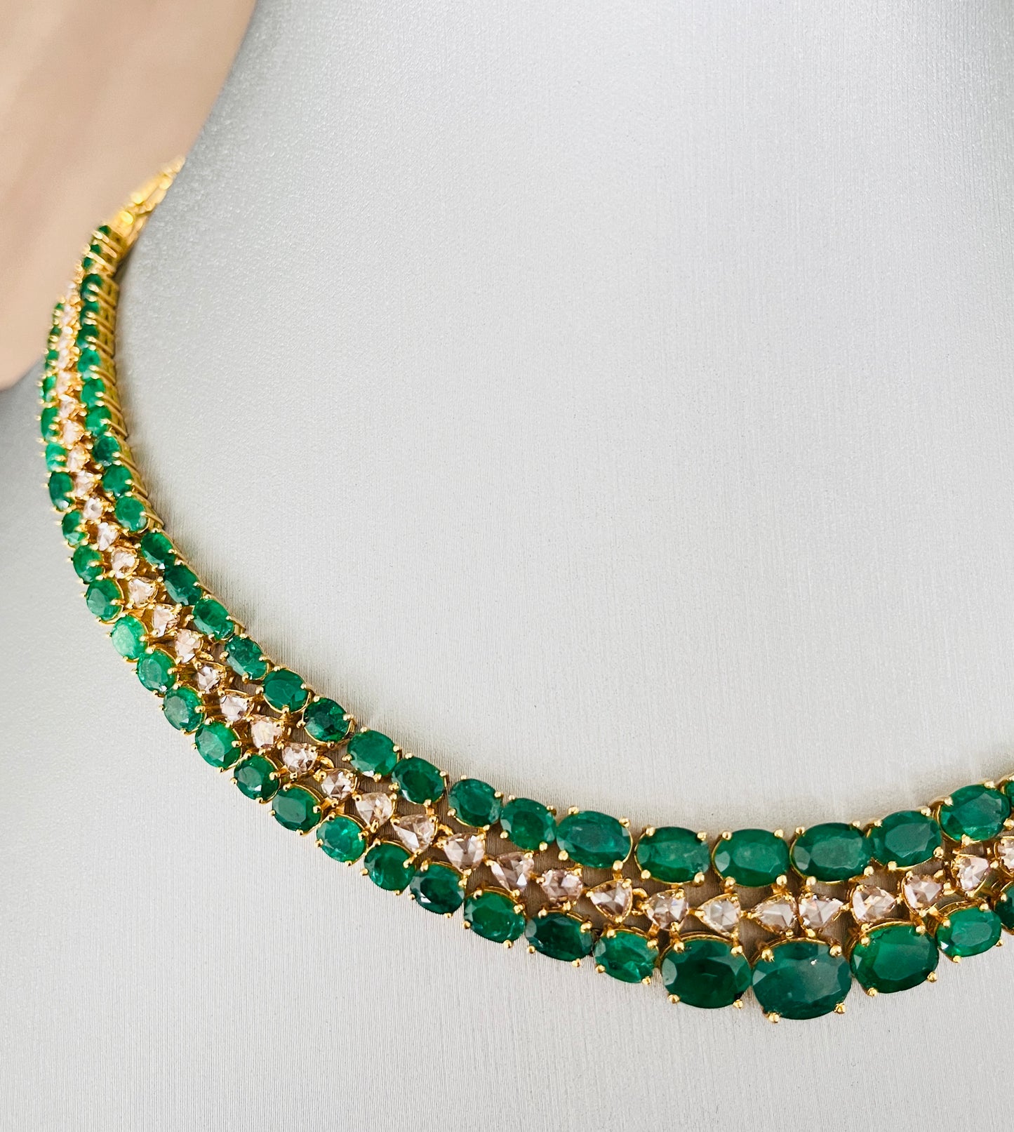 14k Gold Natural Zambian Emerald & Rose Cut Diamond Necklace - 32.97 Carats Emerald, 6.14 Carats Diamond Victorian Necklace