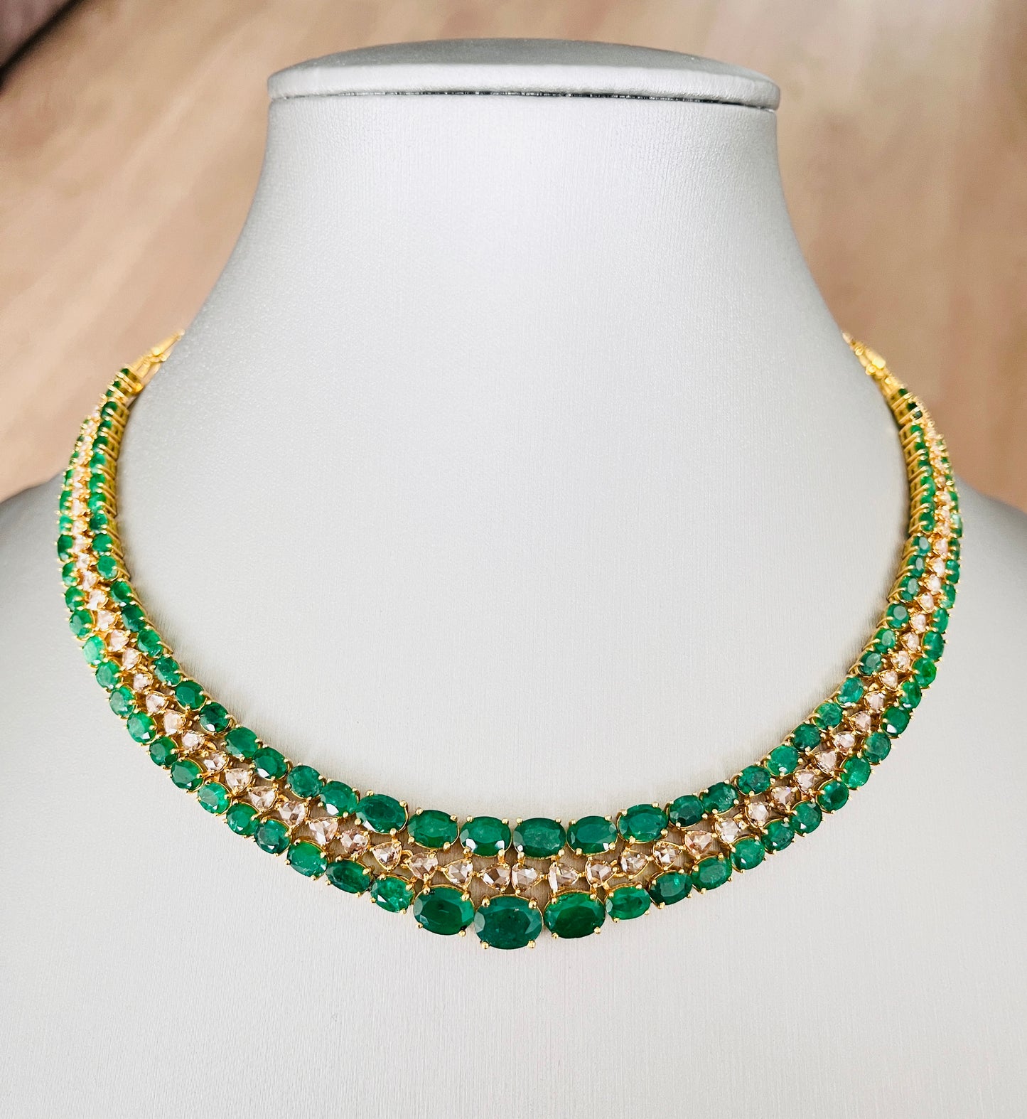 14k Gold Natural Zambian Emerald & Rose Cut Diamond Necklace - 32.97 Carats Emerald, 6.14 Carats Diamond Victorian Necklace