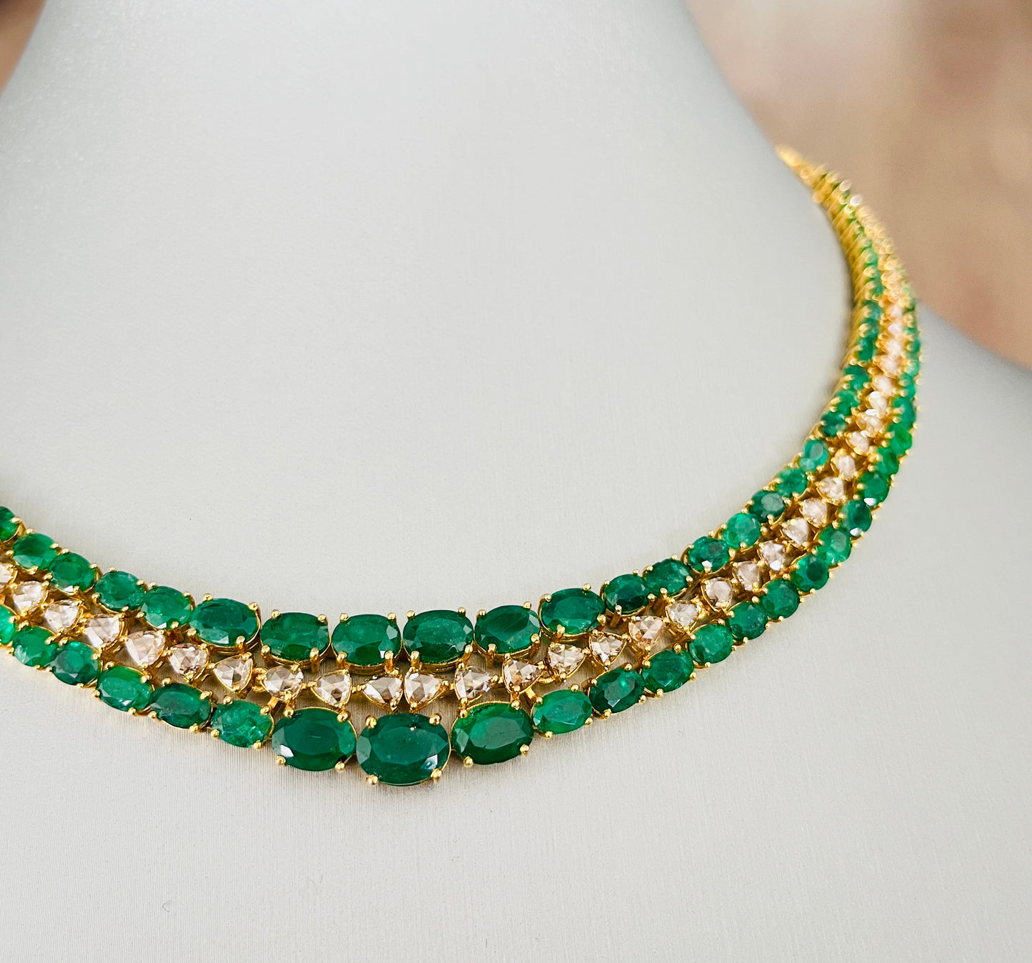 14k Gold Natural Zambian Emerald & Rose Cut Diamond Necklace - 32.97 Carats Emerald, 6.14 Carats Diamond Victorian Necklace